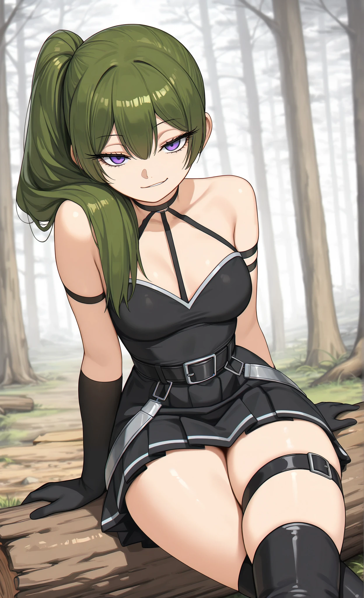 ((übel)), ((sousou no frieren)), ((masterpiece)), ((high resolution)), ((solo portrait)), {(attractive figure), (medium breasts), (detailed thighs), (beautiful legs), (green hair), (side ponytail), (lidded eyes), (cute purple eyes), (long eyelashes), (cute smirk), (relaxed look)}, {(black dress), (waist belt), (black arm band), (black glove on right hand), (black choker), (thigh belts), (black boots)}, {(sitting on log), (crossed legs), (looking at viewer)}, ((forest, ((walkway))