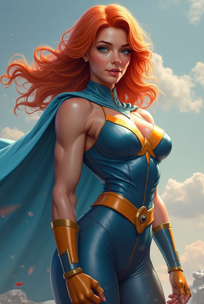 score_9, score_8_up, score_7_up, score_6_up, (((masterpiece))), (((Best Quality: 1.5))), Sexy, Superheroine, Red hair, long hair, busty, plump, curvy, ((blue highleg leotard with a t-back thong and a gold star insignia on chest)), gold boots, gold gloves,