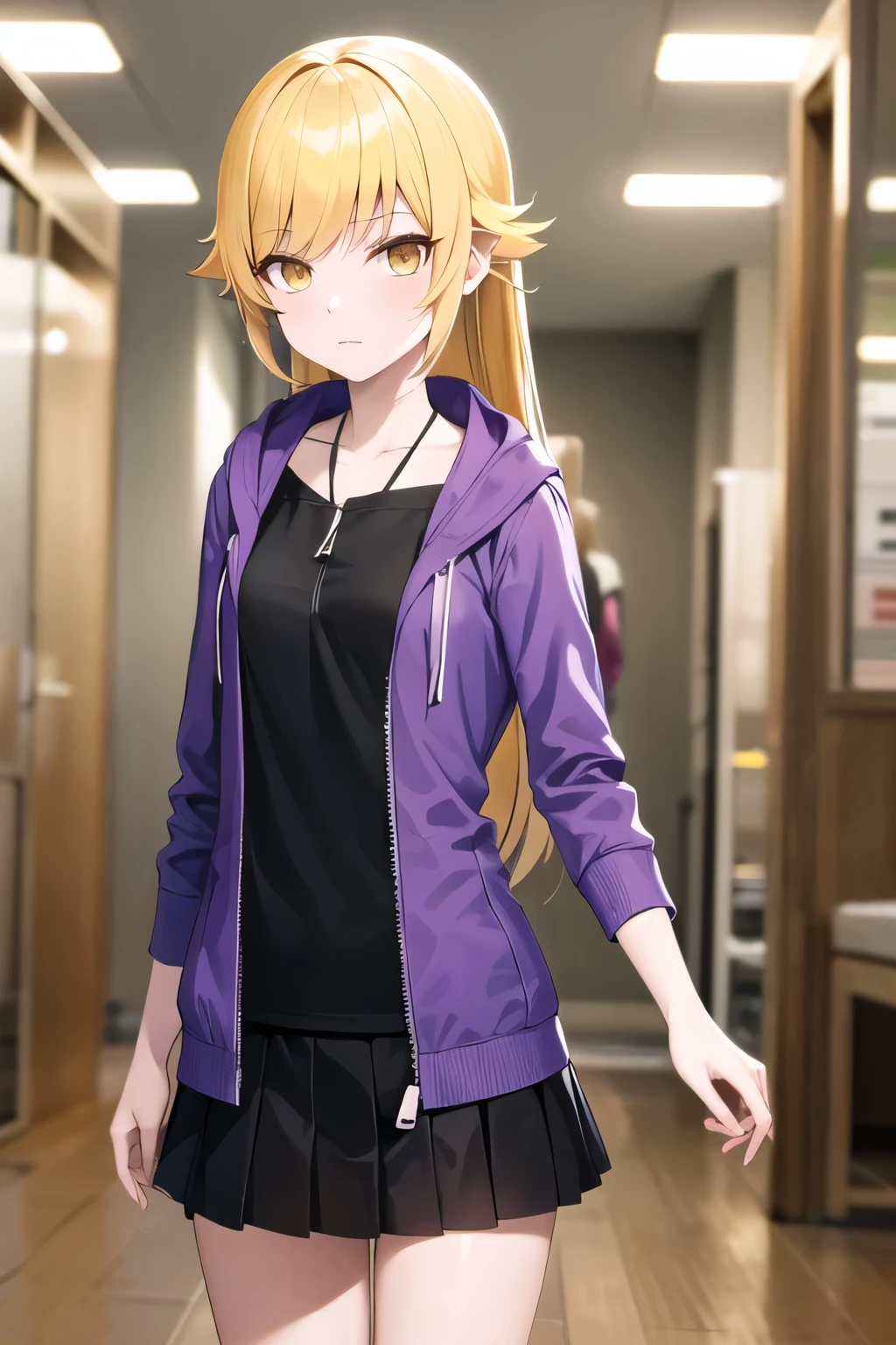 masterpiece, Highest quality, High resolution, (oshino shinobu), petite, Dilapidated, Long Hair, Pointed Ears, black tee shirt, (purple zip parka), black pleated skirt, Expressionless, Are standing, Cowboy Shot, Remains, indoor,