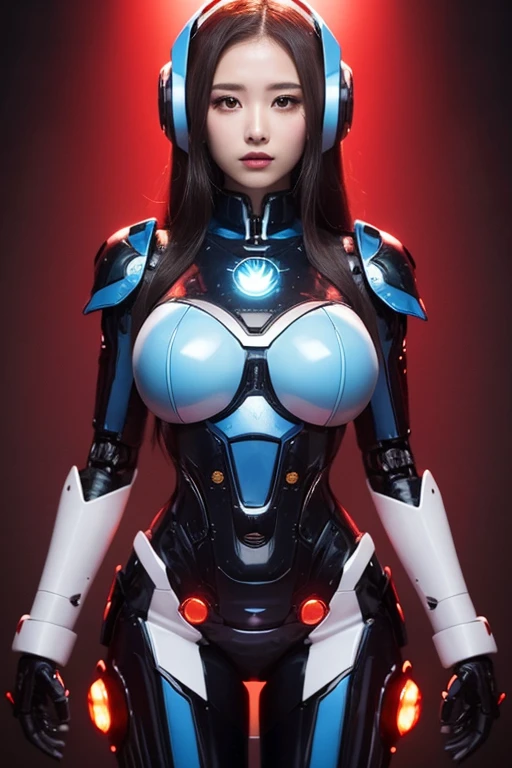 ((1 girl)), ((masterpiece)), Lovely,pretty face, blue eyes:1.2, ((black hair)), (shiny hair), nude lips, big breasts, Big , whole body, looking at the audience, masterpiece:1.5, ((Beautiful and delicate eyes)), Lovely eyes, best quality, Perfect body, shining body, (overexposure),Cinema lighting, dynamic lighting, ((Correct hand anatomy)), very high resolution, high resolution, (((Super detailed))), (extremely delicate and beautiful), (((Beautiful and delicate eyes))), depth of field, There is a woman in a white suit posing for a photo, Gothic web set, Chrome set, Dystopian sci-fi set, futuristic clothing, whole body X-Force 套装, Wear technical clothing and armor, Wearing a dark space mercenary uniform, shiny white armor, Abandoned mecha on the background, Cyberpunk Pearl Armor, cyberpunk suit, Female protagonist, Fair and translucent skin