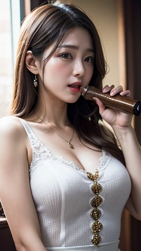 1 girl,, blue eyes, mitt, gear knob, set, long hair, white gloves, bare shoulders, open mouth,stick out your tongue,Eyes looking up at the sky, big breasts, choker necklace, naked naked naked,No clothes, black hair, brown hair, hair between the eyes, collarbone, หน้าท้องส่วนล่างsmoothและแบน，smooth, on the bed,Open your legs and drive your knees.,โชว์pussy,pussy.beautiful,