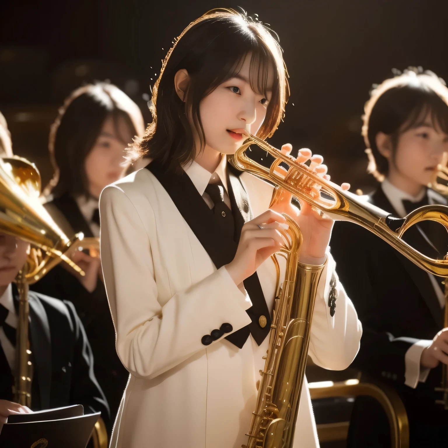 Depict a 20-year-old, dazzlingly beautiful woman playing a brass instrument in a grand concert hall. She wears an elegant yet practical band uniform, designed with intricate gold embroidery. Her posture is poised, fingers positioned with precision, her eyes focused as she plays passionately. The warm stage lighting highlights the shine of her instrument, creating a visually striking contrast between her and the surrounding orchestra. Dark hair, Medium Hair, dark eyes.