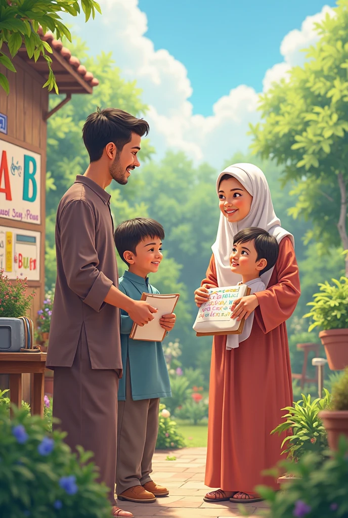 happy family with father and daughter wearing hijab graduating and with her mother wearing hijab