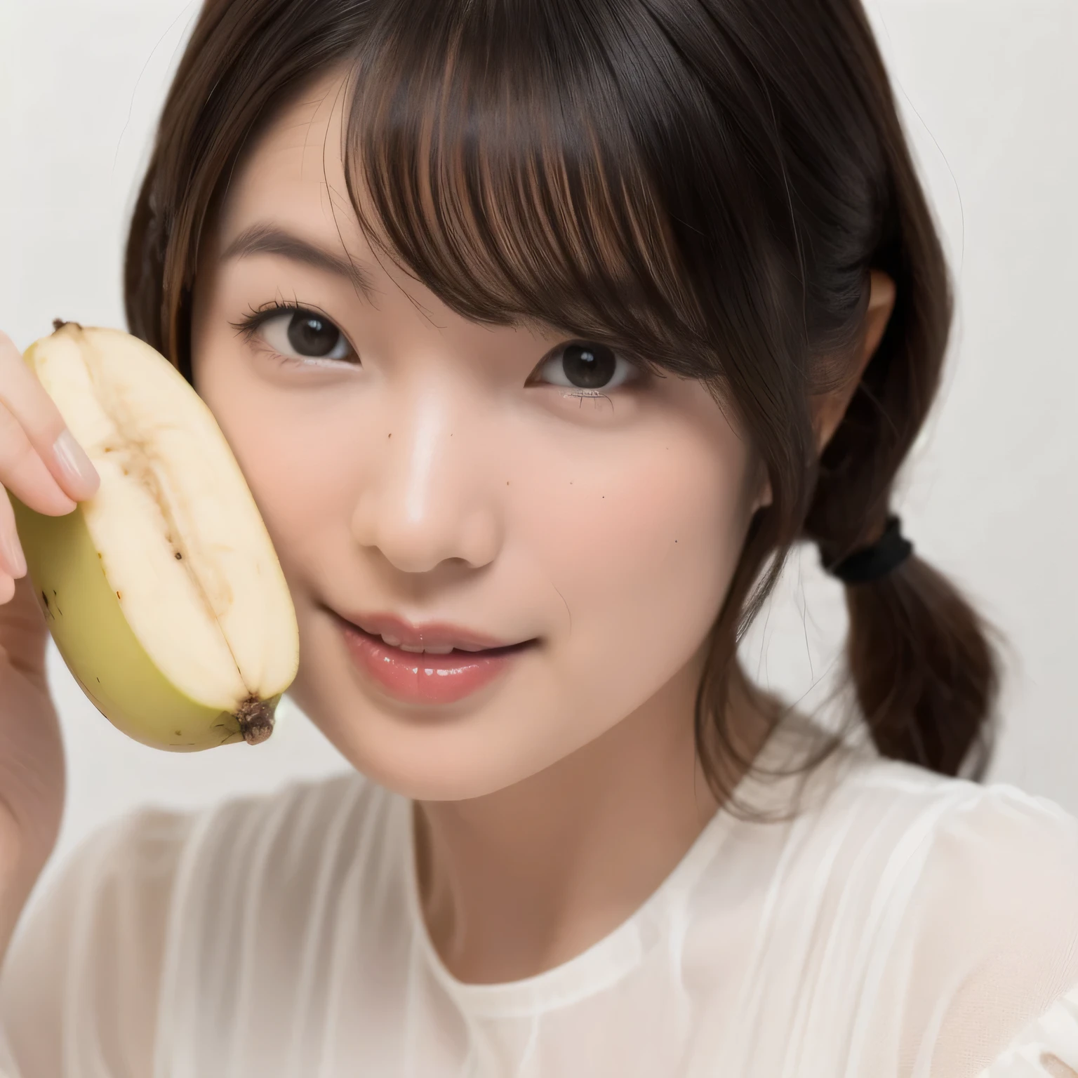 She is holding a banana with its peel partially removed, revealing the white fruit inside. She is eating the exposed white part. Dark hair, Medium Hair, dark eyes.