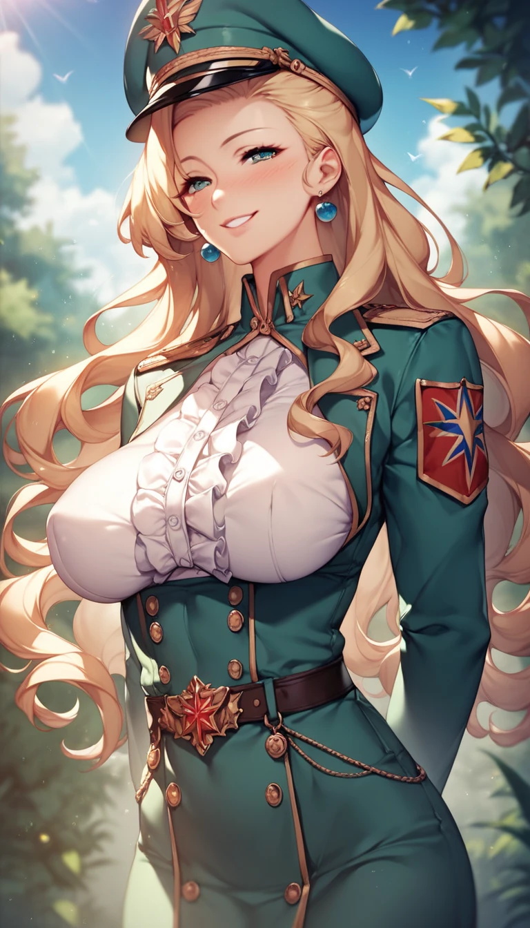 cleavage，(masterpiece:1.2), (best quality), (ultra detailed), (8k,4k),(half body:1.2),(cowboy:1.2),(highly detailed:1.2),(detailed face:1.2), (detailed background),(portrait),detailed landscape,(dynamic pose:1.2),(perfect lightingbest quality),carol 1girl, solo, long hair, breasts, looking at viewer, smile, blonde hair, large breasts, bow, , green eyes, hairband, blush stickers