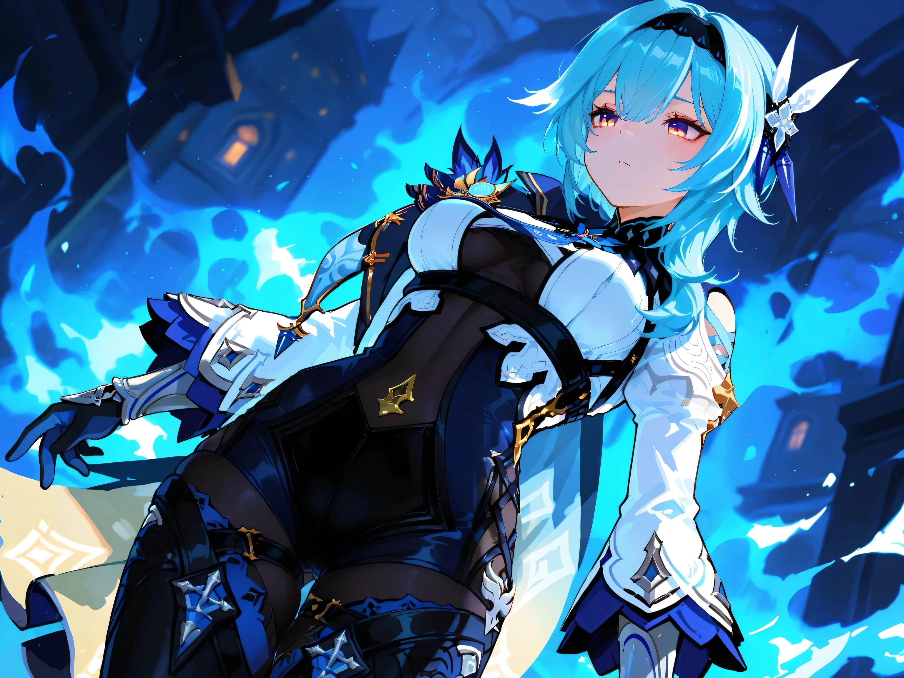 masterpiece, best quality, amazing quality, very aesthetic, high resolution, newest, hyper-detailed, 1girl, (Eula)\(Genshin Impact)\, Blue hair, blue dress, black pants, leggings, gloves, A tight-fitting outfit, Breasts, Looking at the caMetersera froMeters below, (Skin with attention to detail: 1.2), highres, absurdres, depth of field, cinematic fire, amazing fiery background