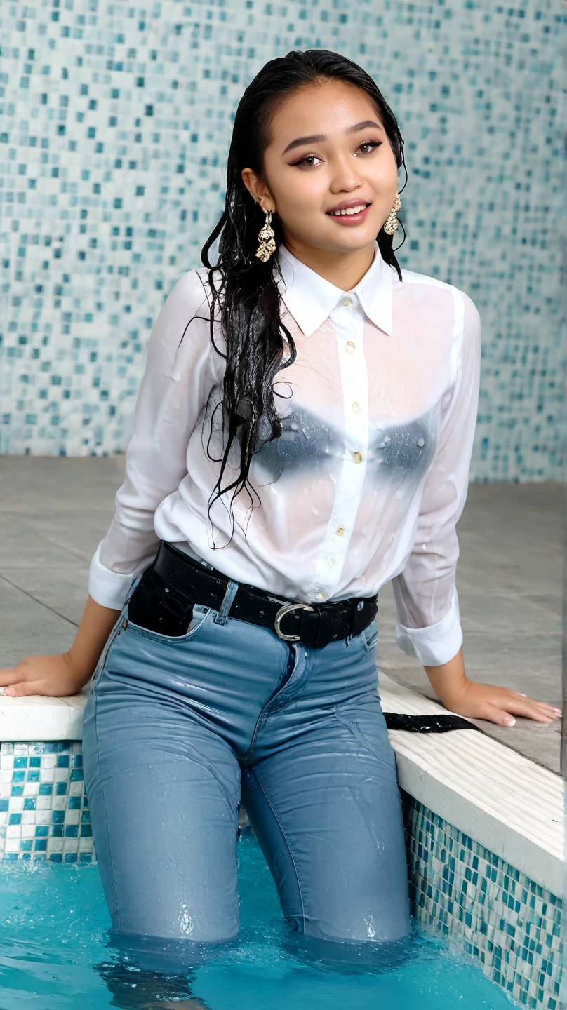 20 years old extremely beautiful brown Tamil girl (white shirt blue jeans), (bangles earrings necklace wrist watch), enjoying in the rain, drenched in rain, facing viewers facing camera, eyes symmetry, face symmetry, (best quality, ultra-detailed:1.6), colorful scene, bright color palette, playful atmosphere, vibrant colors, cute expressions, joyful laughter, raindrop reflections, wet hair, wet clothes, wet body, body reflecting light, back lit, refreshing ambiance, happy face, splashing water, raindrops falling around her, natural lighting, candid moments captured, lively mood, standing in a distance, (intricate detailing:1.6 faces & eyes & ears & nose & lips & skin & 5 fingers & curves & body parts)