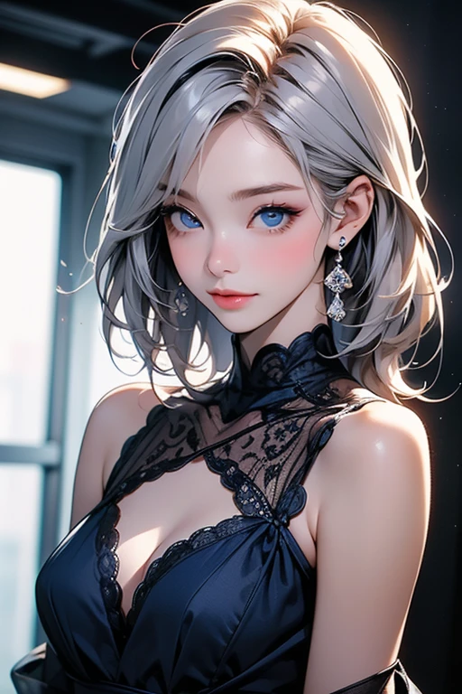 Best Quality,High resolution,8k,finelity detailed background,Masterpiece:1.2),beautiful girl,Glossy romance gray hair,pony tail,Gray eyes,Gentle look,A refreshing look,smile,Best quality,Best Quality,Aesthetic and aesthetic:1.2,Best details((Super detailed))(High-definition CG illustrations),alternative fashion,Slender body,Party Venue,smile,blush,cute,Scrounge,Looking up,Being spoiled,super model,shoot from,below