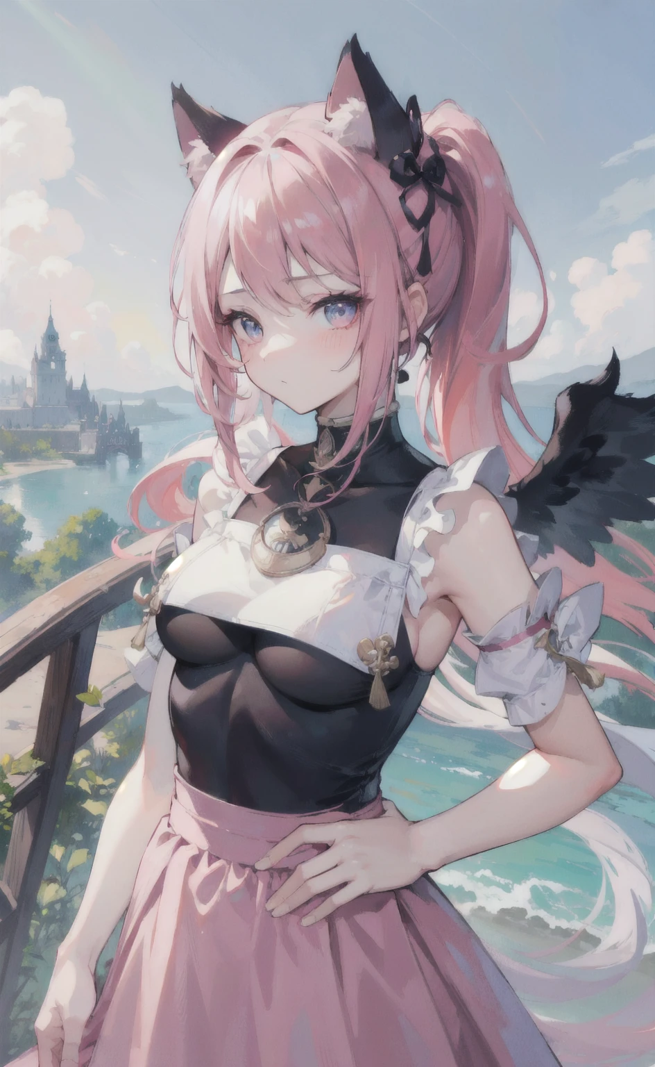 1girl, (solo:1.2), ((masterpiece)), [slim], (small chest), ((detailed eyes)), (bokeh effect), yanfei, (dark hair), closed mouth, (frown), (pink theme), annoyed, small pupils, black and white attire, (red eyes), disappointed