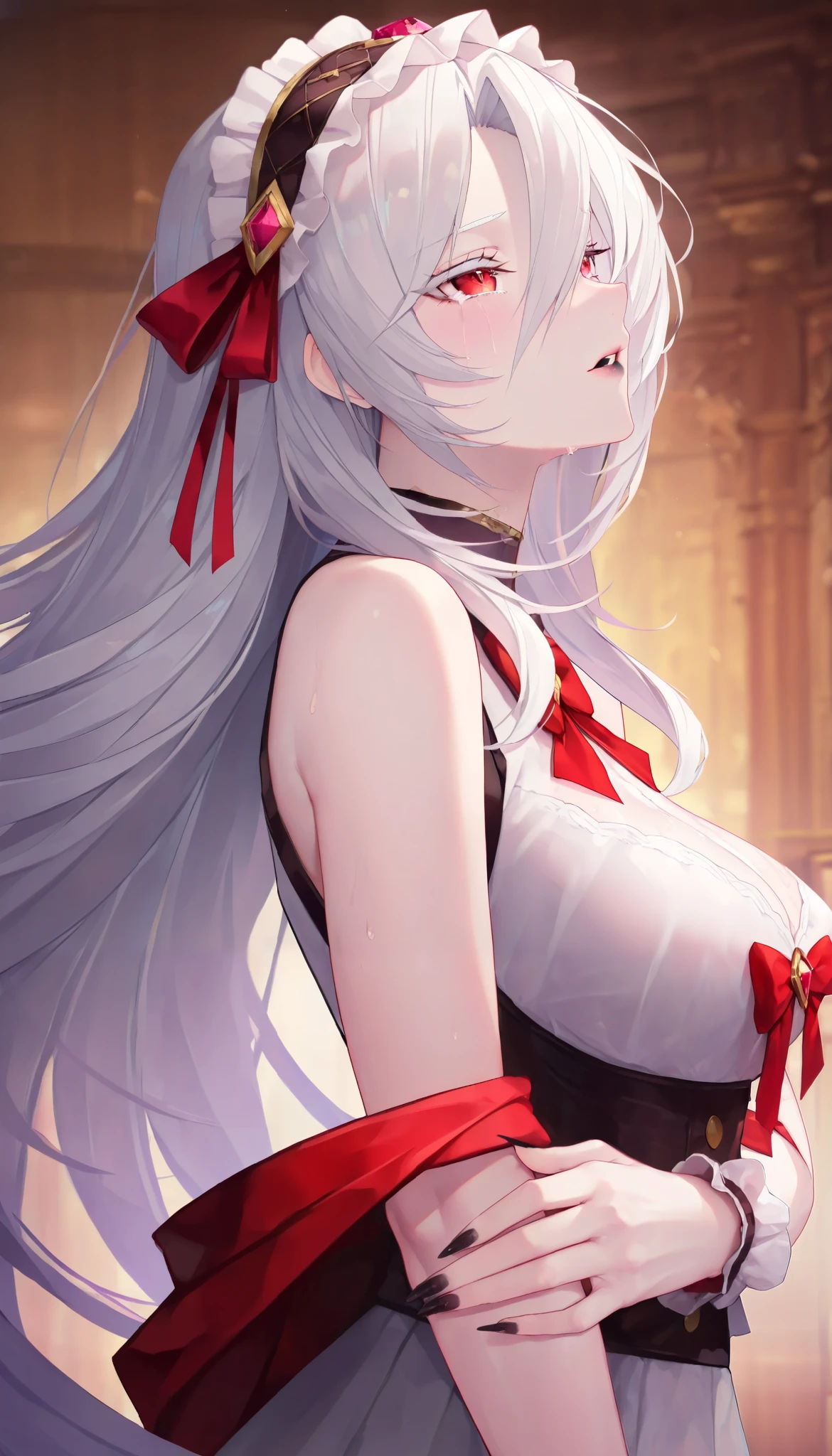 (artist:binggong asylum:1.22), (artist:onineko:0.90), (artist:bell orgel:1.22), (artist:anna anon:0.90), (Sally Whitemane, World of Warcraft character), (masterpiece: 1.2), (best_quality: 1.0), (solo: 1.4), 1woman, 20 years old, young woman, (upper-body, half body), ((white hair, square hair, long bangs)), ((white eyebrows, white eyelash)), voluminous hair, (bright ruby-red eyes), Beautiful finger, Beautiful body, Beautiful character design, perfect eyes detail, Colorful, Bright_Front_face_Lighting, (bright_color: 1.2), (beautiful, medium breasts siza: 1.4), ((pale skin)), puzzled facial expression, make up, flowing make up, flowing shadows, black lipstick, (long fingernails, black fingernails), (narrow_waist), seductive, seductive body, ((muscular body)), trembling, (Alluring, crying, regrettable, shout, looks up, side view), Anime Style, Fashion Model Body Type, (School blazer, red check bow tie, Soaked all over:1.2), Extremely cute, (mid-chest, bust shot), background, standing, standing in the rainy city, (TOP QUALITY:1.2, very detailed, High Detailed CG Illustration, Soft Focus, BEST AESTHETICS),