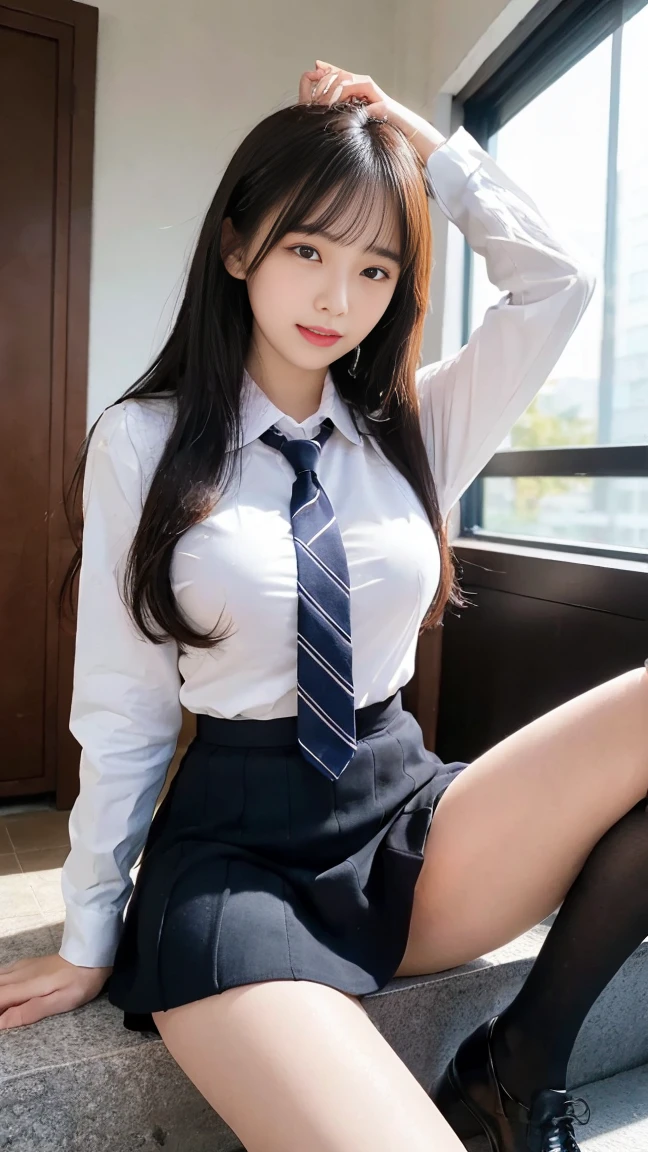 ((NSFW:1.7,{{{masterpiece}}}, {{{best quality}}}, {{ultra-detailed}}, {illustration}, {{an extremely delicate and beautiful}},))、((1girl in:18-year-old female student)), (Light brown medium hair), ((Female Student Uniforms)), Look at viewers, (A smile:stick out teeth), (( Opening legs、Open your legs、Crotch main、(Pubic hair:full))),( inside,Putting out the chest)