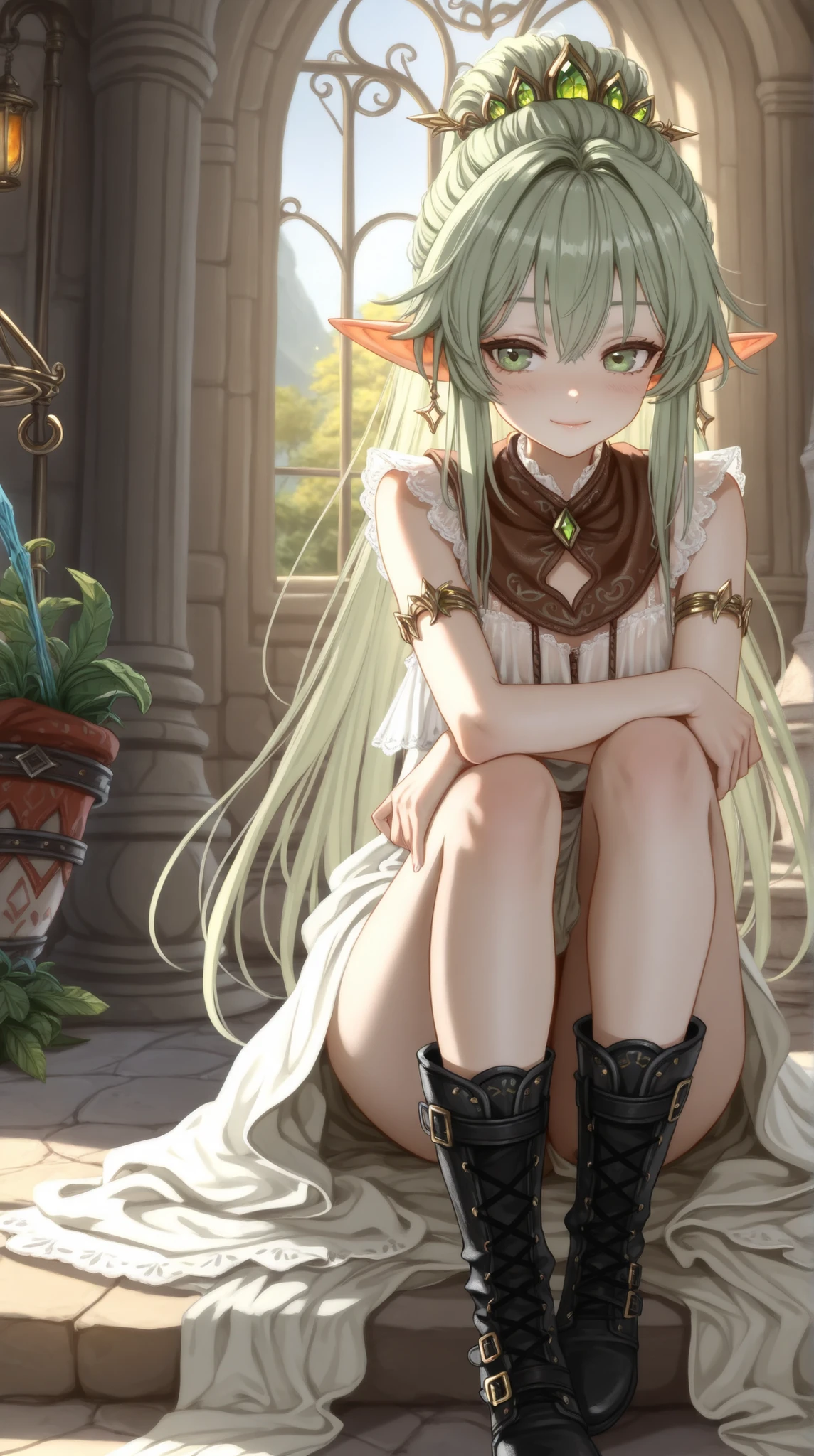 ((Highest Quality)),( super high resolution ),(very well detailed),(Detailed Explanation),(( best CG )),(masterpiece),super detailed art,Amazing Painting Art,(fantasy art with delicate details:1.5), Female Elves by Chen Dingbo, beautiful and well-groomed face, emerald green eyes, close , leather bib , Leather Boots ,
