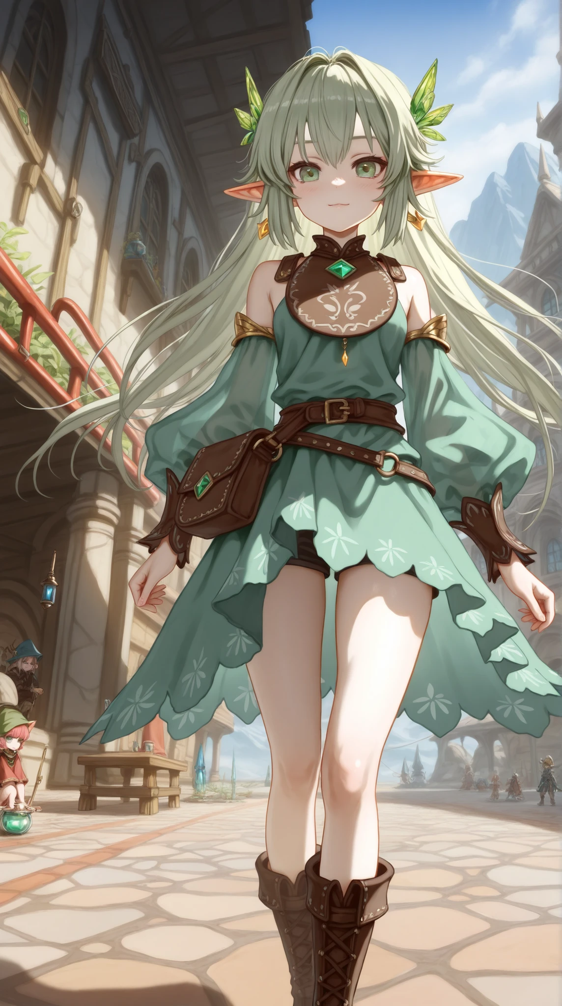 ((Highest Quality)),( super high resolution ),(very well detailed),(Detailed Explanation),(( best CG )),(masterpiece),super detailed art,Amazing Painting Art,(fantasy art with delicate details:1.5), Female Elves by Chen Dingbo, beautiful and well-groomed face, emerald green eyes, close , leather bib , Leather Boots ,