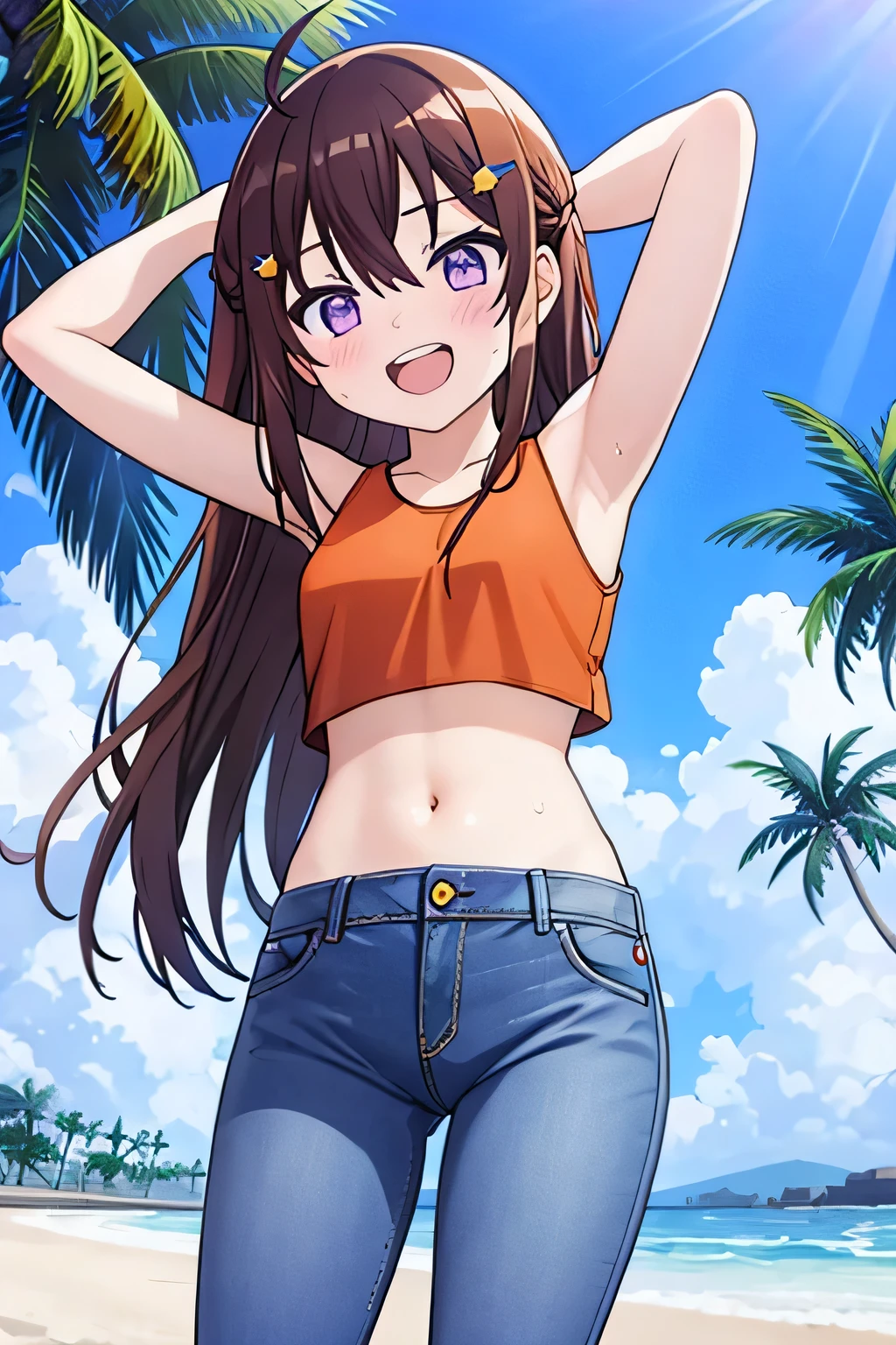 10 years old,Girl,,Flat Chest,Sports Bra,Small white panties,Highest quality、High resolution、Detailed Background、Beautiful face in every detail、Teenage Beauty、Cute hair colour、Brown Hair、Black Hair、Shortcuts、Big smile、boost mood、 Summer sun、Shining Sea