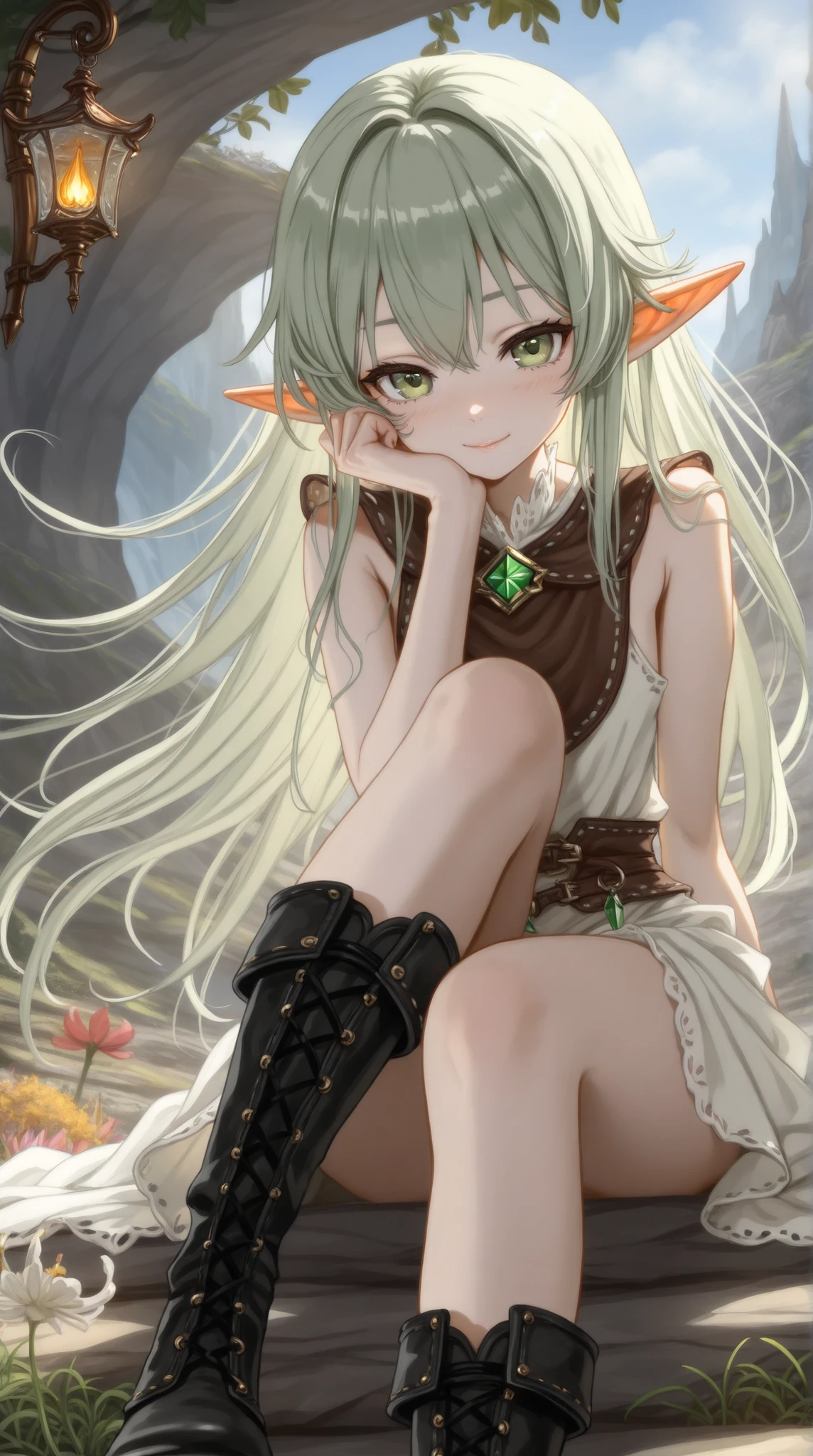 ((Highest Quality)),( super high resolution ),(very well detailed),(Detailed Explanation),(( best CG )),(masterpiece),super detailed art,Amazing Painting Art,(fantasy art with delicate details:1.5), Female Elves by Chen Dingbo, beautiful and well-groomed face, emerald green eyes, close , leather bib , Leather Boots ,