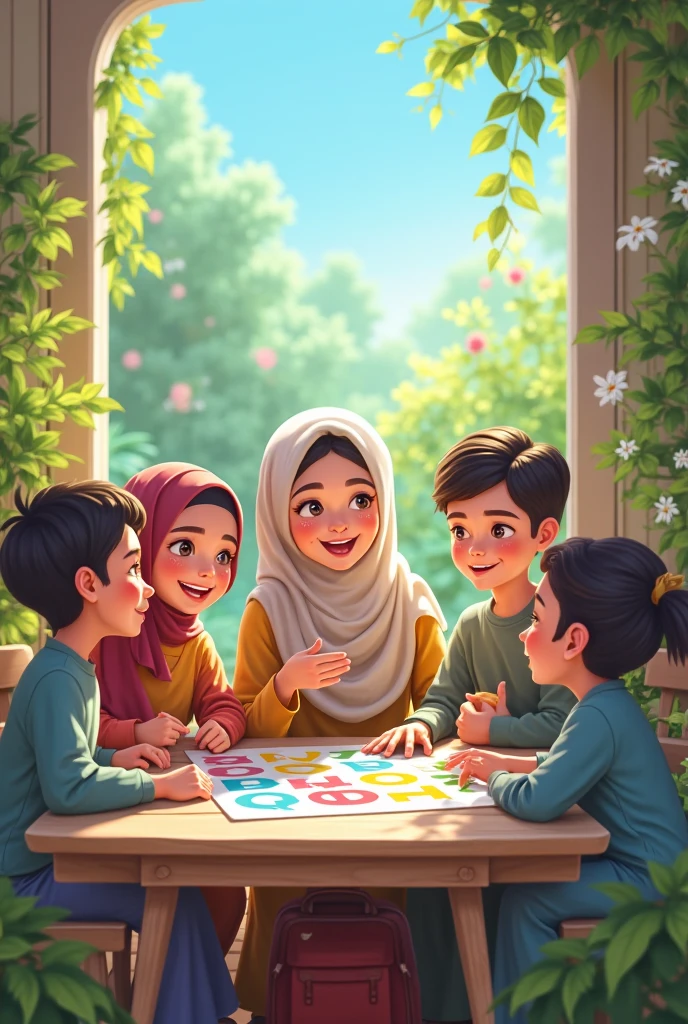 Pretty teacher playing with her preschool students, The teacher with black hijab on, black bikini and honey-colored eyes
