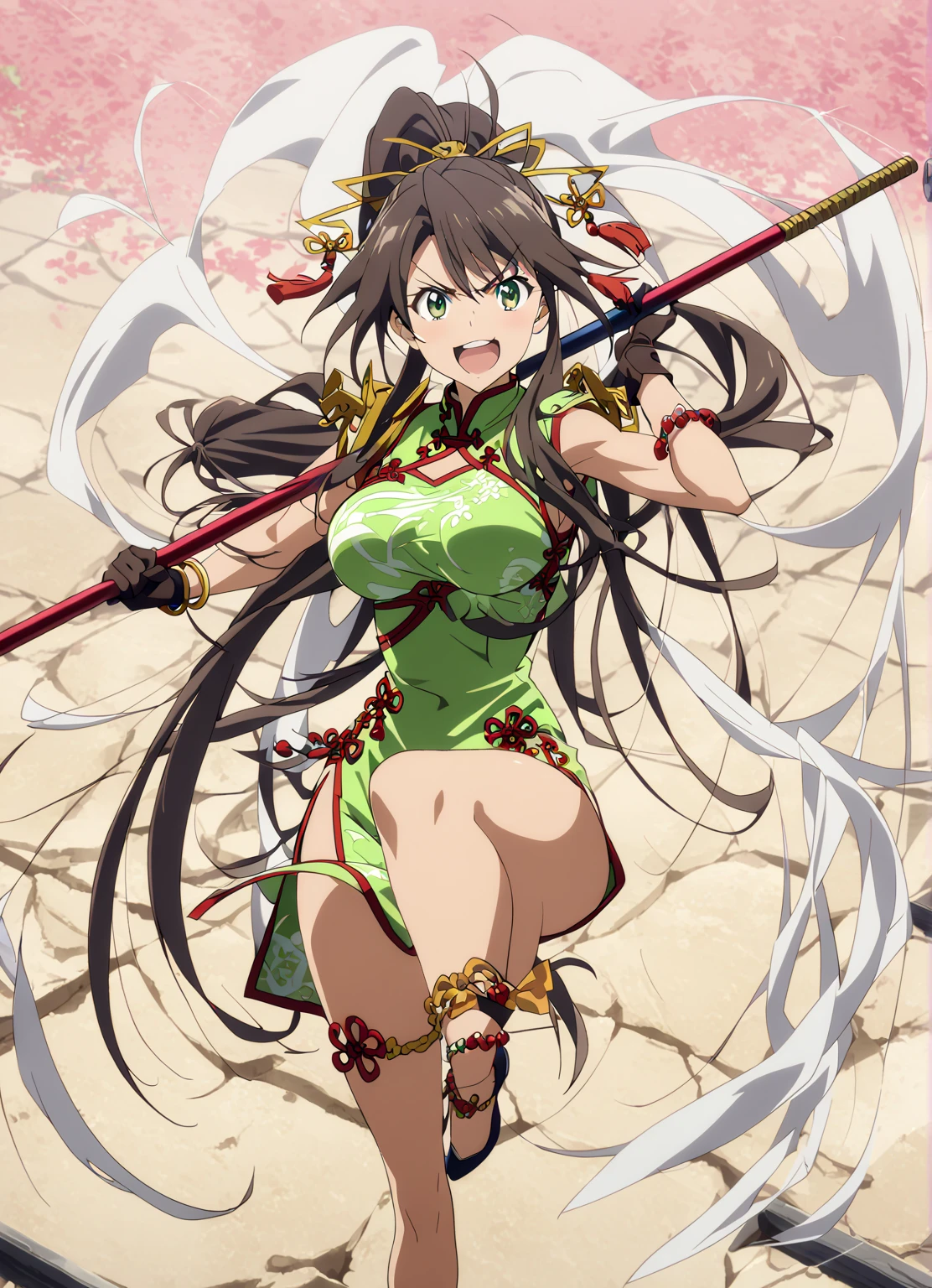 A girl, wearing a green Hanfu, fighting posture, holding a large knife in both hands, armor on the left shoulder, golden armor, dragon head and shoulder armor, long black hair, sharp eyes, big breasts, exquisite picture quality, 4K, 8K,