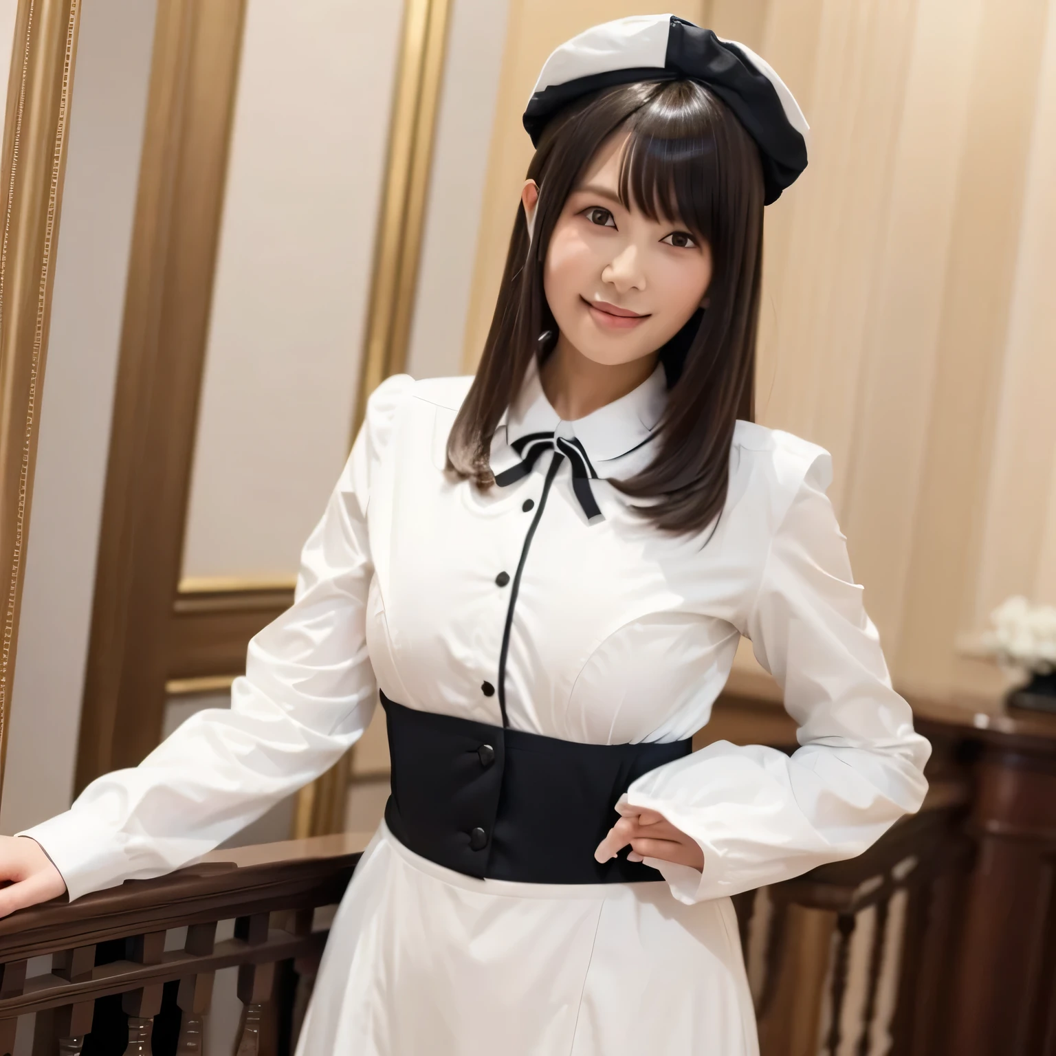 A breathtakingly beautiful 20-year-old woman stands in an opulent mansion room, dressed in a classic black-and-white maid outfit with a short hem and a white brim cap. Her confident smile radiates warmth. The room features elegant furnishings and decor befitting a grand estate, bathed in soft, natural lighting that enhances the sophisticated ambiance. Dark hair, long hair, dark eyes.