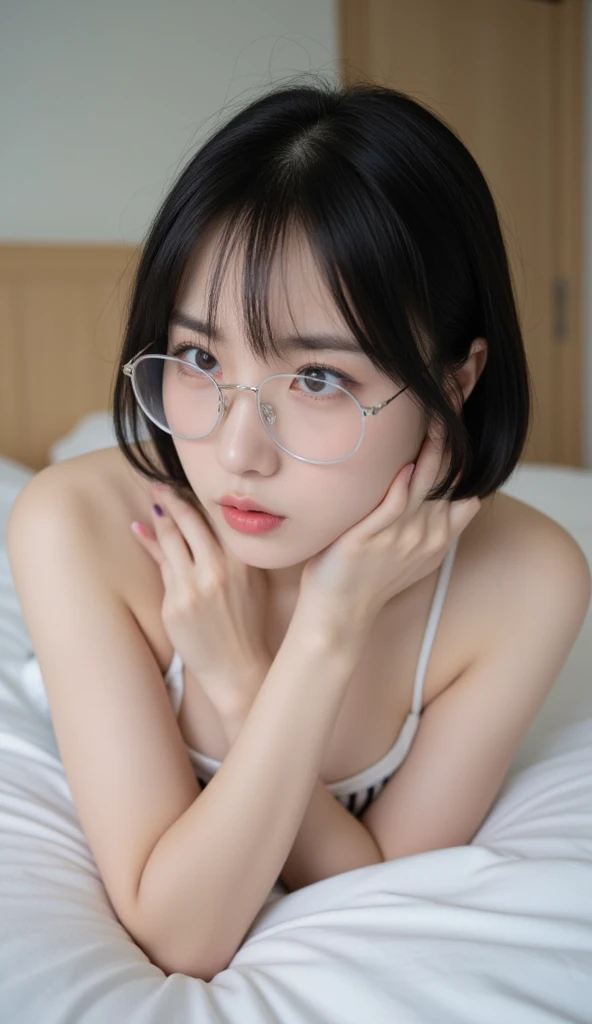 ((a slender girl lying back on a bed, she is 20 years old girl, tiny tits, flat chested, short hair, eyeglasses)), (close eyes, open mouth 1:2), beautiful detailed lips, beautiful detailed eyes,ultra-detailed,highres,professional, soft lighting,(ultra realistic japanese girl),looking at viewer,(ultra realistic detailed hair),(moist and shining eyes), from above.