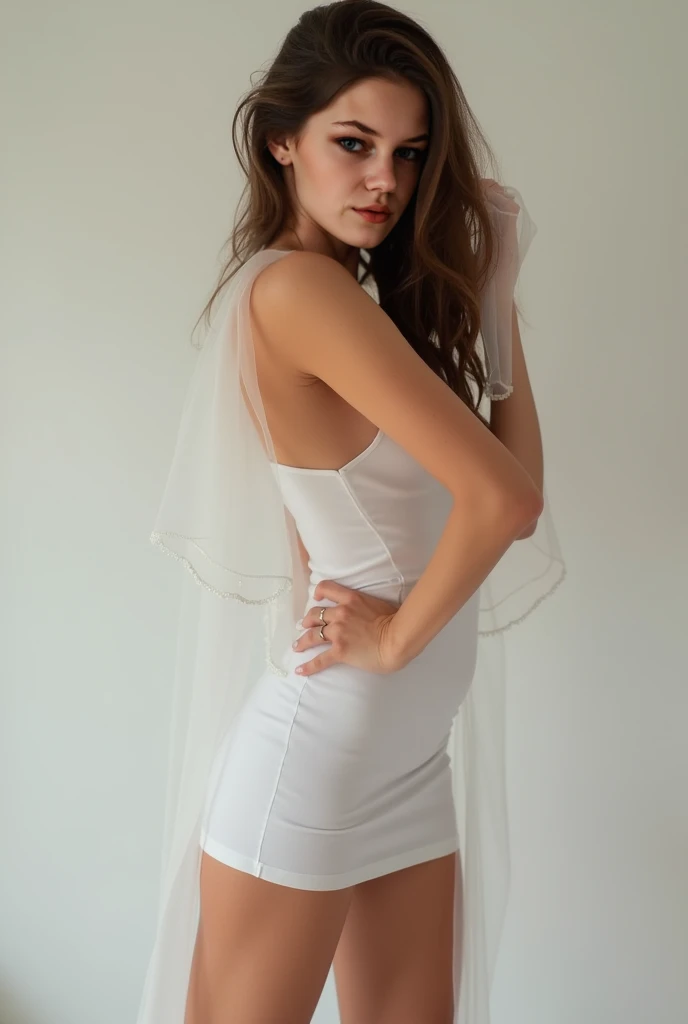 Ashley Johnson, stomach pouch, pale skin, long wavy hair, sheer knitted linen dress,
