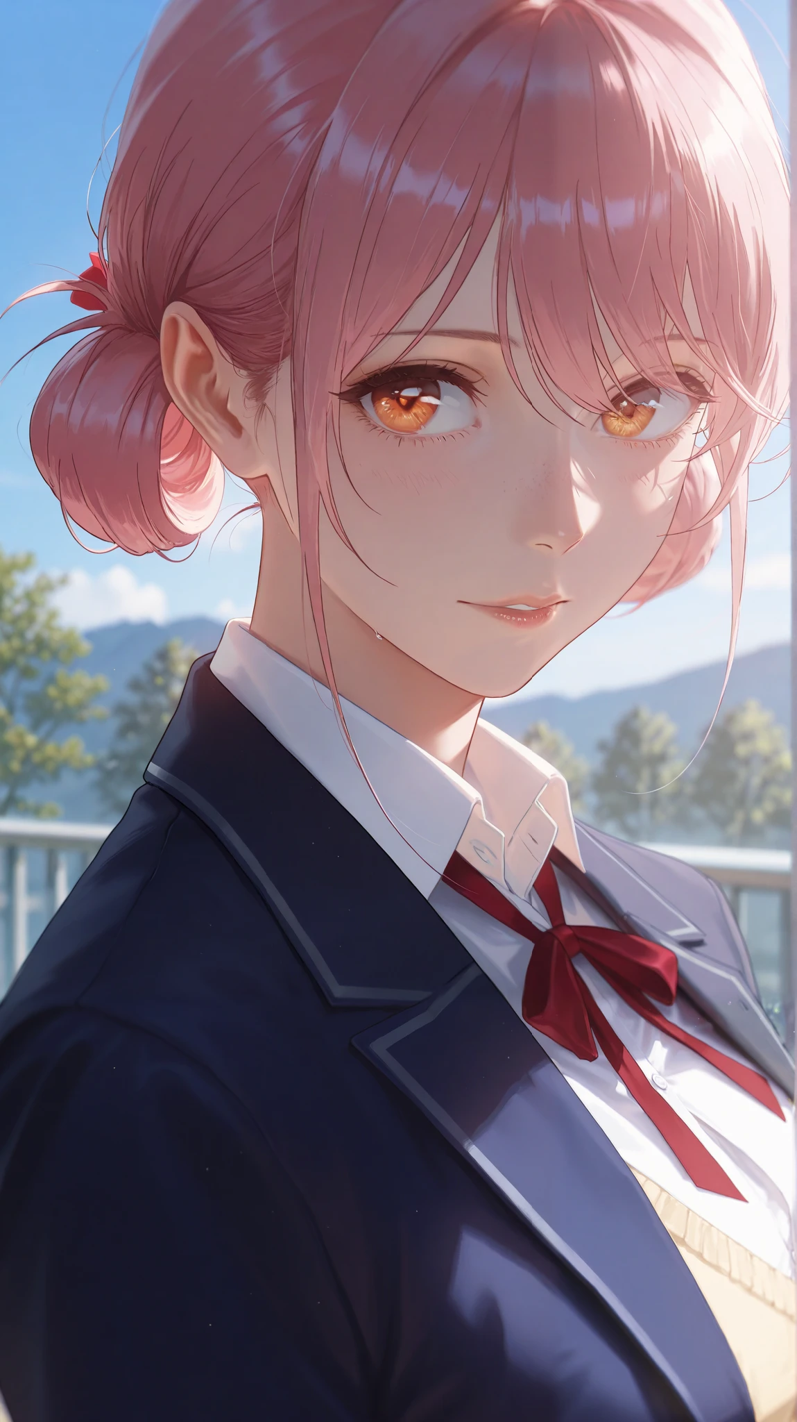 masterpiece, best quality, very aesthetic, absurdres, masterpiece, exquisite quality, highest quality, masterpiece, highest quality, Beautiful woman, whole body, full body shot, Detailed hairstyle, vMature Woman, indoor,(8k,RAW Photos),(Best Quality),(Masterpiece Loose),(Realistic,)(Realistic),(High resolution),Hyper Detail,(Gentle Realism:1.1),Beautiful Fac,High resolution), (8k), (Very detailed), (4K), (Pixiv), Perfect Face, Beautiful eyes and face, (highest quality), (Very detailed), Detailed face and eyes, (alone), Textured skin, absurdes, High resolution, best quality, highres, absurdres, Chono Hina from Blue Box, pink hair, outdoors, nighttime, school environment, school uniform, close up shot,
