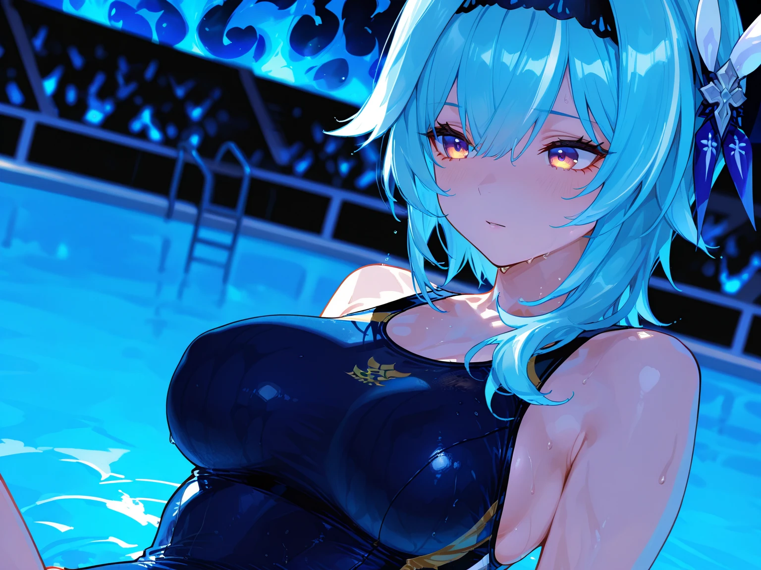 The image depicts an anime girl with long, dark blue hair and yellow eyes, positioned at the side of a swimming pool. Her hair is styled into twin tails, and she is dressed in a black bikini adorned with gold rings on her right shoulder. The character is seen resting with her right hand supporting her body and her left arm placed on the edge of the pool. BRAKE
Resolution: 8K digital art, anime art wallpaper 8K BRAKE
Quality: Ultra quality, ultra quality and detailed art BRAKE
Image quality: Ultra definition, ultra definition beauty, ultra definition illustration, ultra definition animation, ultra definition short full body portrait, pixiv digital art BRAKE
Style (judged by theme, overall pronto): white anime Barbie, biomechanical, anime moe art style, dress, desktop background, biomechanical big breasts, "Fate/Stay Night", "Fate/Grand Order" BRAKE
Hairstyle and color (determined by theme and overall pronto): Choose one main style from 5 styles (long hair, ponytail, twin tails, bob cut, long braid) and combine all the remaining 4 hairstyles to create an original hairstyle. please. You can choose the main hair color from gold, blue, or green, and add the remaining two colors as a gradation color. 　BRAKE
Colors: green, blue, and gold (added to important elements of the theme), light blue, yellow, silver, crimson (added to other than important elements of the theme) BRAKE
Body type and complexion: voluptuous, voluptuous, stylish body, rocket breasts, firm breasts, cleavage (between breasts), erection of nipple, hanging breasts, armpits, bare shoulders, breasts, caustics, collarbones, huge breasts, sagging breasts, moles, skin depressions, stomach, thighs, moistwith