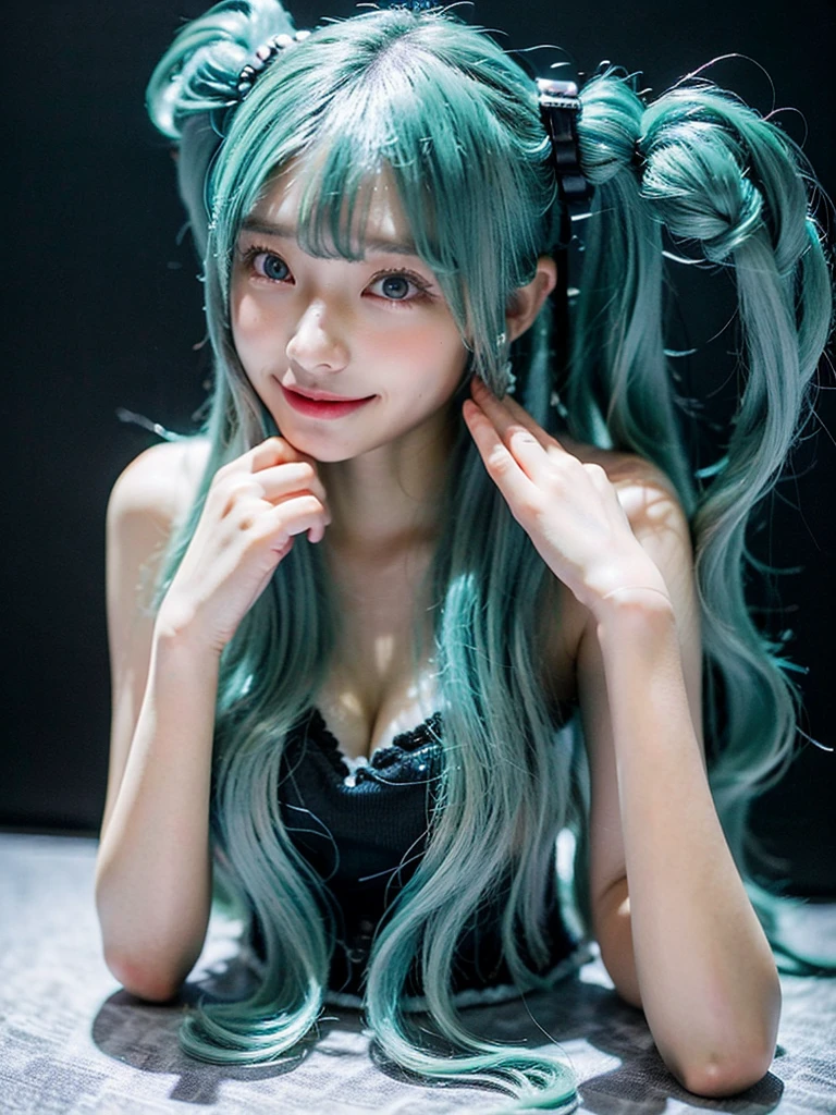 (((front focus))), Keywords: cute girl with big eyes at bedroom, (((character hatsune miku))), full body, in the dark, low key, love pupils, tosca hair color, long hair, twin tail with pony, master works, best picture quality, super high resolution, higher quality, beautiful girl, female, hair ornament, 8k resolution, blush, thin shoulder strap, dusk ((character on the bed)), magic ring, cinematic light, bedroom background, Solo, Eyebrow Pattern, Beautiful Glow, Best Quality, Illustration, Masterpiece, Best Production, Best Quality, Highly Detailed, burning hair, very large necklace ((Masterpiece)), ((Highest Quality)), exquisite CG, blue-purple tone, sweet Beautiful girl with a cute smile ((big smile)), long leg, large breasts, hot girl, dynamic pose, (((hatsune miku dress 1:1)))