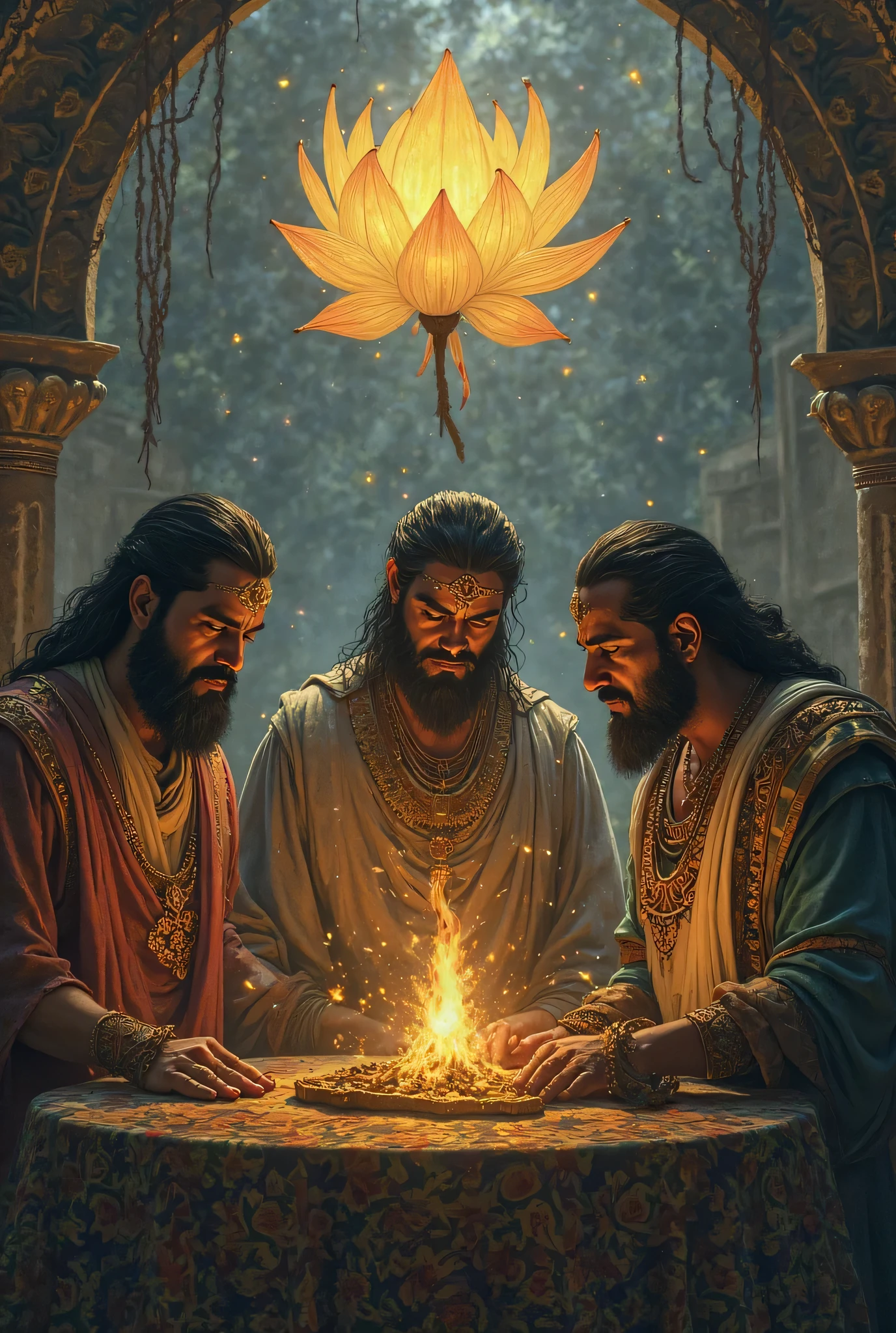 A painting of three men sitting around a table with a lit candle ...