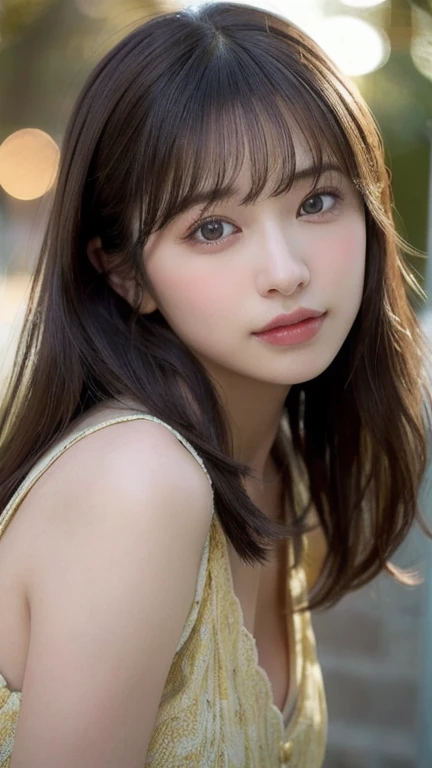 long dress,dress, (Hit the knee), 1 Female, Close-up of face, Light brown hair, Blunt bangs, Hair behind the ear, Hair that falls over the shoulders, Long Hair, Slim figure, Ultra Fine Face, Thin face, Delicate lips, Beautiful Eyes, Light blush, eyes are light brown,Have a look at this, (Realistic:1.3), Snowy coniferous forest, It's snowing .First Person View, 8K, Tabletop, Hmph, Super detailed, high quality, 最high quality, High resolution,