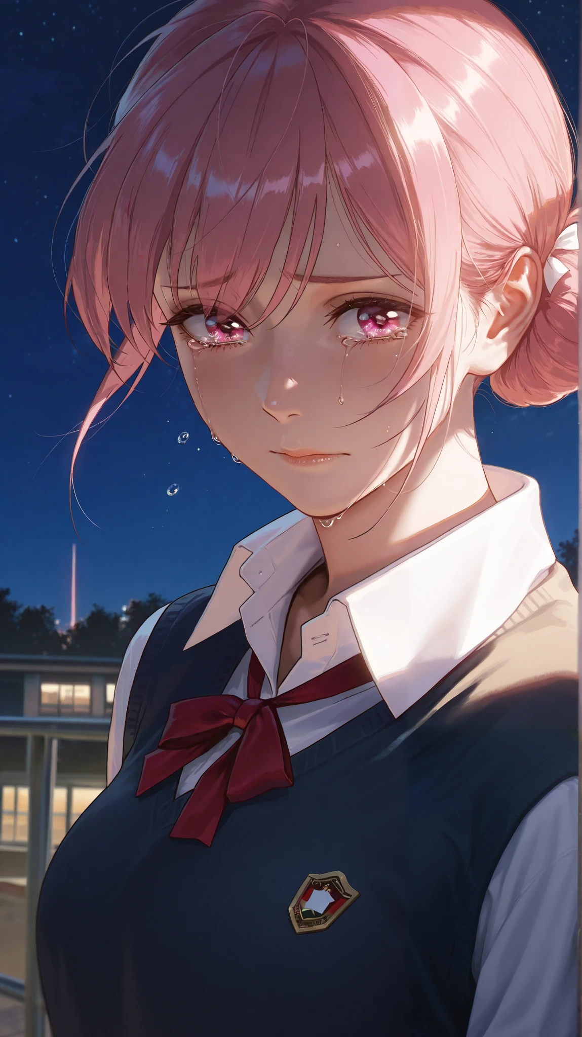 masterpiece, best quality, very aesthetic, absurdres, masterpiece, exquisite quality, highest quality, masterpiece, highest quality, Beautiful woman, whole body, full body shot, Detailed hairstyle, vMature Woman, indoor,(8k,RAW Photos),(Best Quality),(Masterpiece Loose),(Realistic,)(Realistic),(High resolution),Hyper Detail,(Gentle Realism:1.1),Beautiful Fac,High resolution), (8k), (Very detailed), (4K), (Pixiv), Perfect Face, Beautiful eyes and face, (highest quality), (Very detailed), Detailed face and eyes, (alone), Textured skin, absurdes, High resolution, best quality, highres, absurdres, Chono Hina from Blue Box, pink hair, pink eyes, alone, outdoors, night sky, school environment, school uniform, close up shot, crying, tears falling down cheeks, eyes open