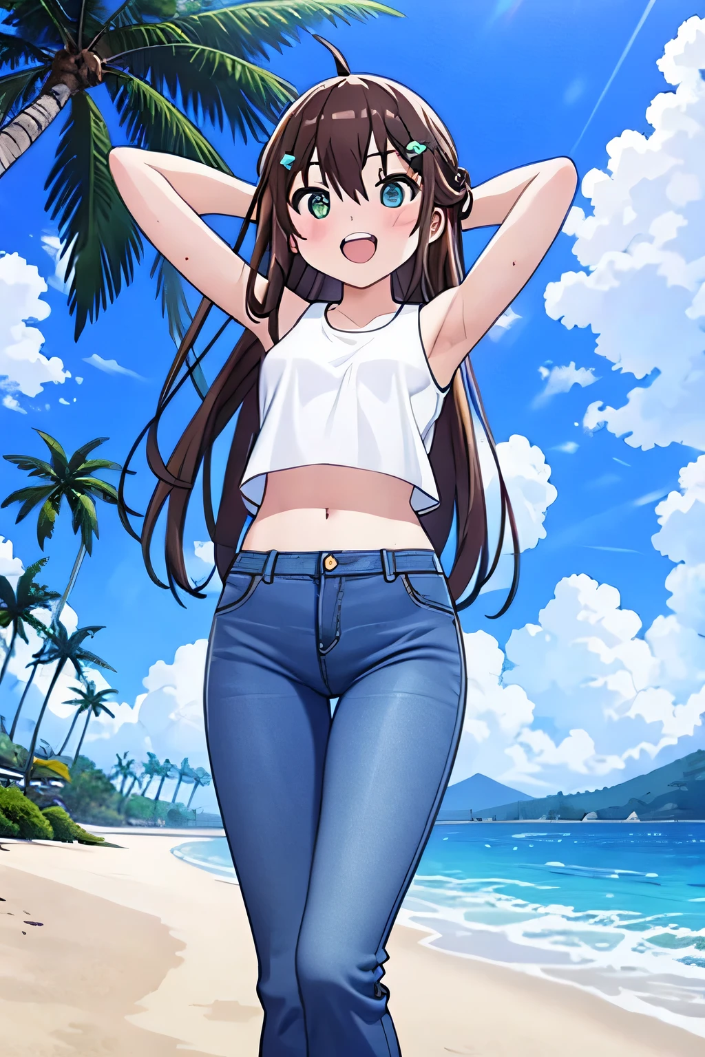 masterpiece, best quality, ultra detail, ((Perfect Face, perfect eyes, perfect hair, perfect arm)), 1girl, 14yo, petite, ((round face, ecstasy, orgasm face, drooping eyes, shame smiling, blush)), dropping eyes, sleepy, Open mouth, ((White teeth)), background((under the beach, (day:1.2), palm tree, bright sky)), miku hatsune, ahoge, (green eyes:1.2), (dark brown hair:1.7), crossed bangs, hair between eyes, hair ornament, (long hair:1.4), (straight hair:1.7), ((arms behind head, hands behind head, fingers behind head)), ((contrapposto)), spread armpits, looking at viewer, (white tank top:1.6), (white crop top:1.6), (jeans pants:1.2, flares jeans:1.2, skinny jeans:1.2, blue jeans:1.2), standing, (legs spread:1.4), sex pose, Sweaty crotch, Steam from the crotch, from below, whole body