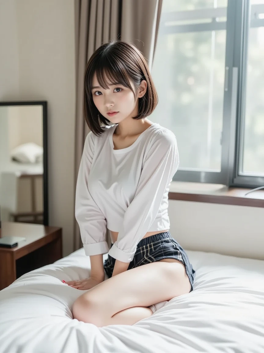 product quality, 1 girl per 1 photo, full body shot, front view, a Japanese young pretty girl, long bob hair, wearing a marriage ring, wearing only a short sleeves T-shirt with an illustration printed, sitting on a silk bed with a big smile, a ailk pillow, silk bed sheets, hyper cute face, glossy lips, double eyelids for both eyes, natural makeup, shiny smooth light brown hair of long bob hair, asymmetrical bangs, tanned skin, central image, ultra resolution, high detail, detailed hairstyle, detailed face, cinematic lighting, octane rendering, hyper realistic, perfect limbs, perfect anatomy