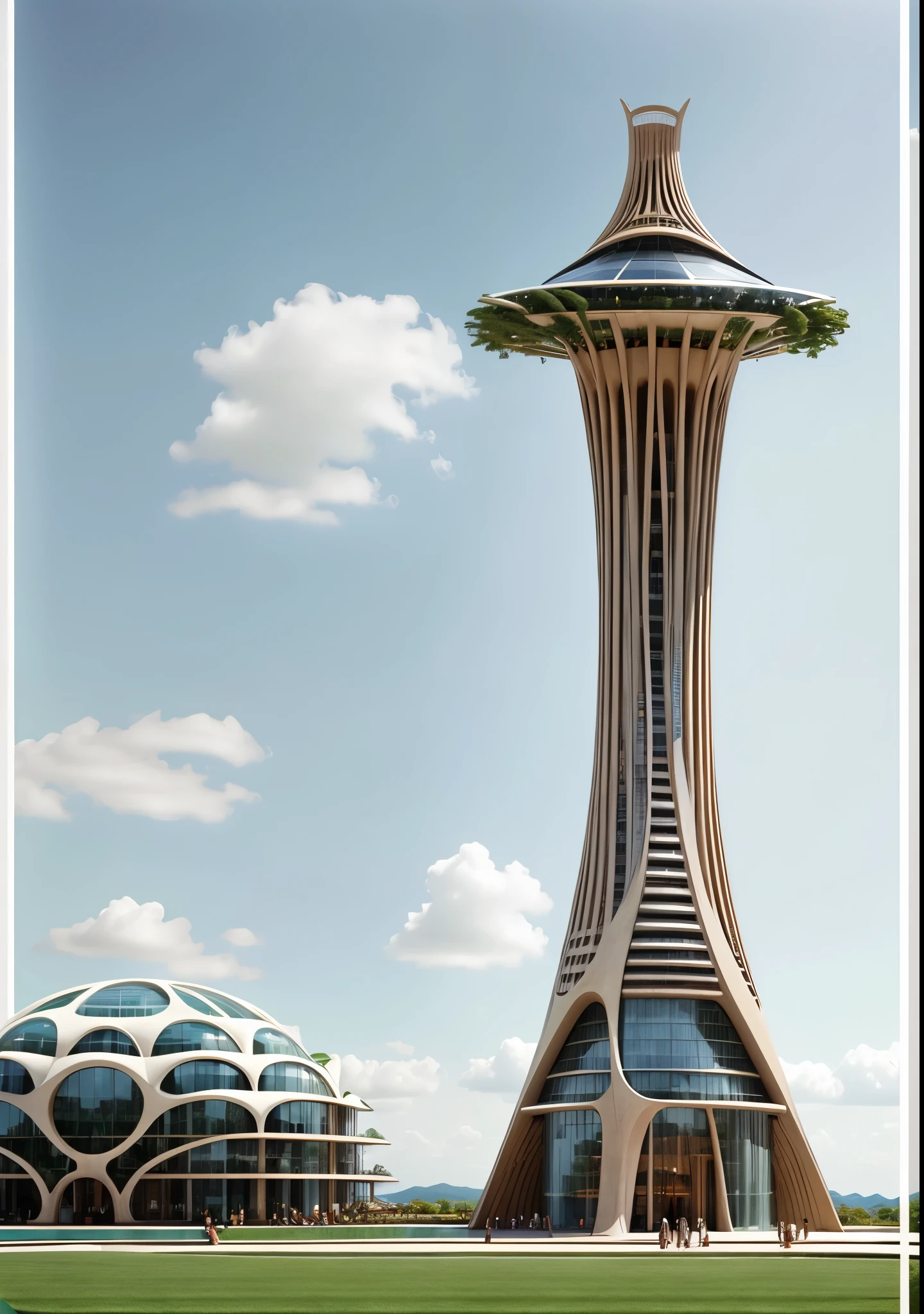 Rustic very tall Tower design , restaurant floor on top, . walkways, lawn, blue sky . By syd mead, fountain
