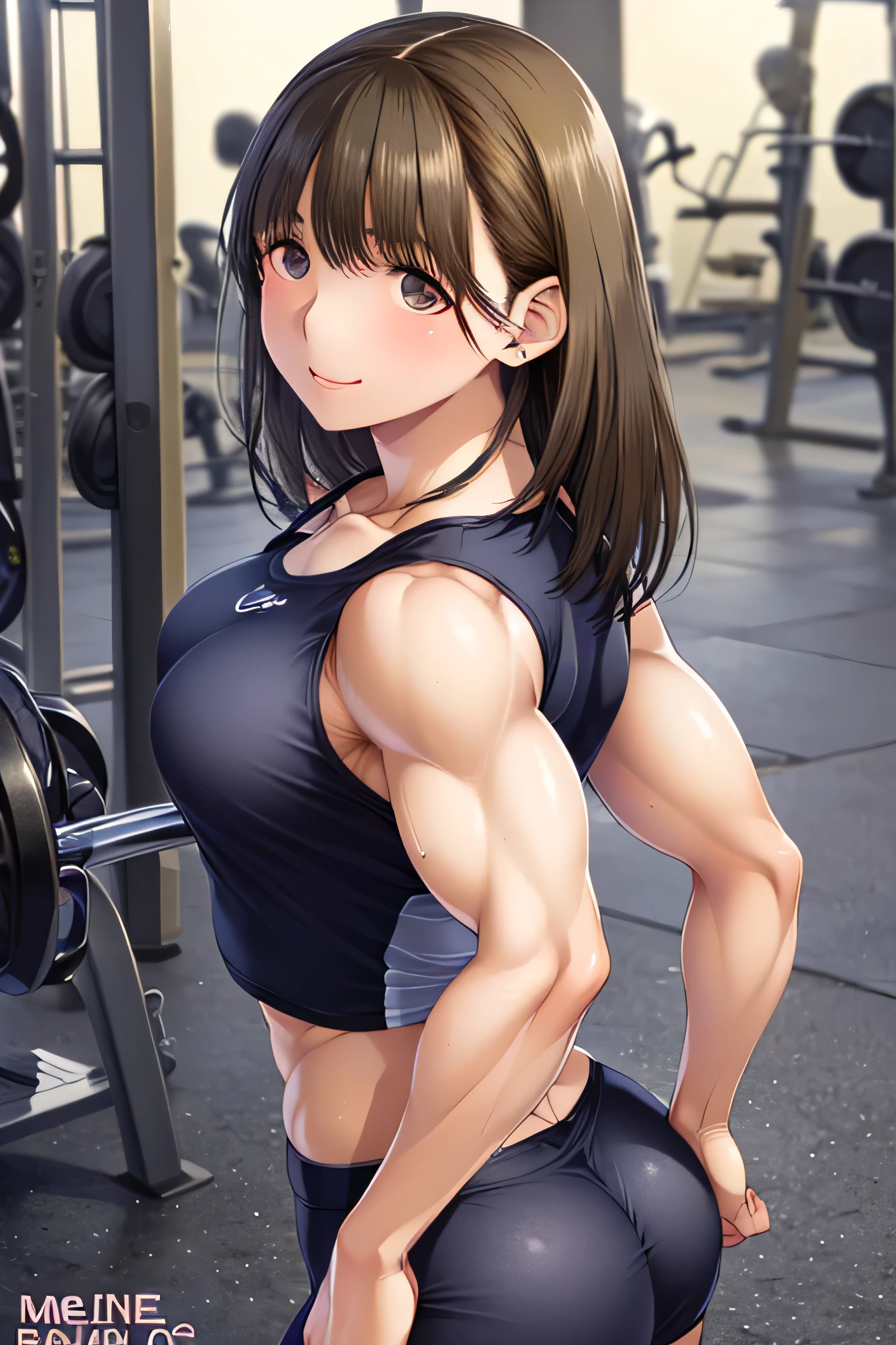 Best Quality, Ultra High Resolution, Photoshoot, (Photorealistic:1.4),Top quality, 1 girl, 20, (cute),(( Bodybuilding, Medium-sized muscles, Muscle, Fine Skin:1.5)), smiling,loose t-shirt,face up,slender,leaning forward,black hair,White see-through panties,pose partially visible vulva,brown eyes,flat chest,