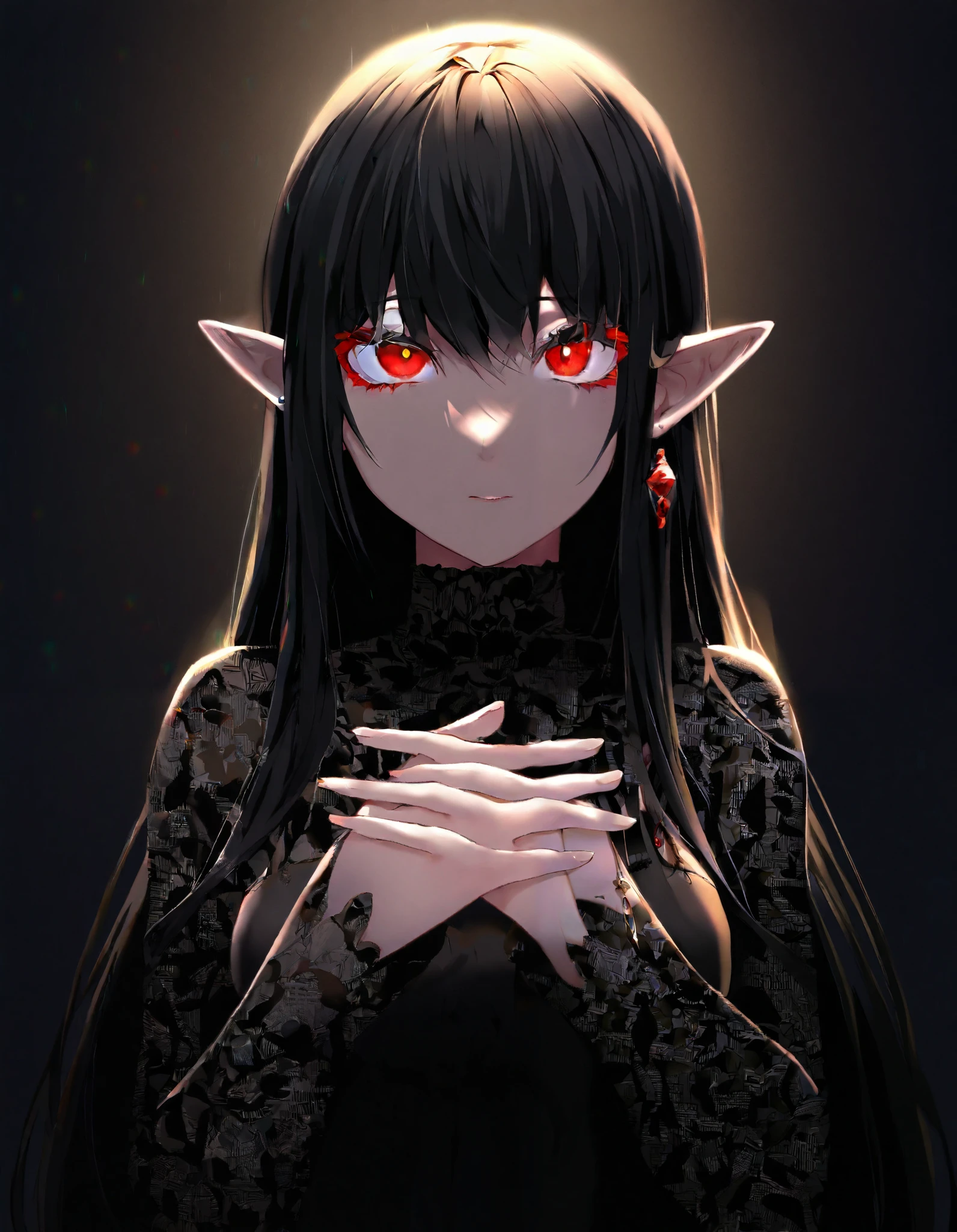 girl, earrings, masterpiece, black neck, black dress, raise your hand, jewelry, black hair, long hair, portrait, colored lashes, Backlight , red eyes, medium breasts, place arms back and forth, pointy ears, Futanari