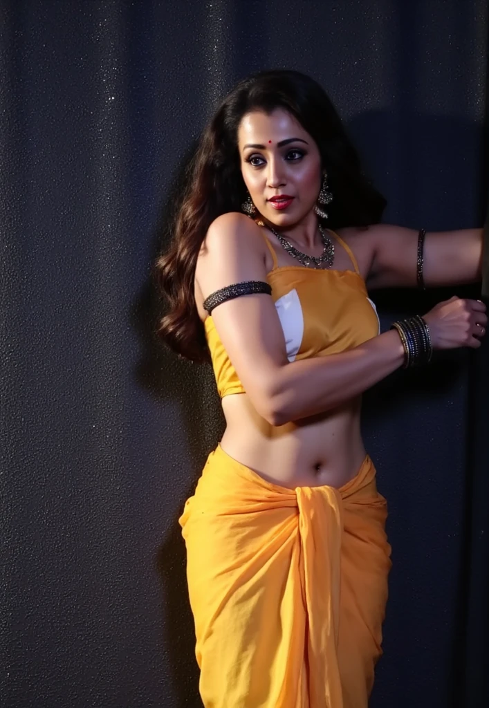 24-28 Years Old bollywood indian female fashion mode,fair skin,dressed Sari,yellow and red sari,madhubani art sari,sleeveless blouse,lower waist showing,big breasts,big ass,small waist,glowing skin,radiant skin,shiny hair,health hair,spotless face,humble eyes,big eyes,Happy expression on face,in the morning market,backlight, extremely realistic, 8k, insane details, intricate details, cinematic color graded,Color Grading, Editorial Photography, Photography,sharp focus, taken with a 60mm lens, ISO 300, f/4, 1/200th