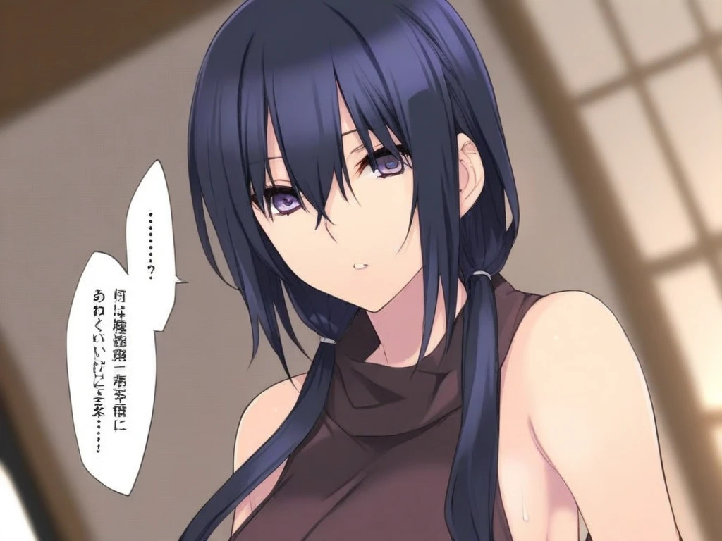 masterpiece, best quality, very aesthetic, absurdres, 1girl, beautiful face, slant eyes, blunt bangs, black violet hair, shaggy hair, straight hair, full bust, glamorous, bikini, thong, anime artwork, highly detailed, cowboy shot, back view, looking at viewer