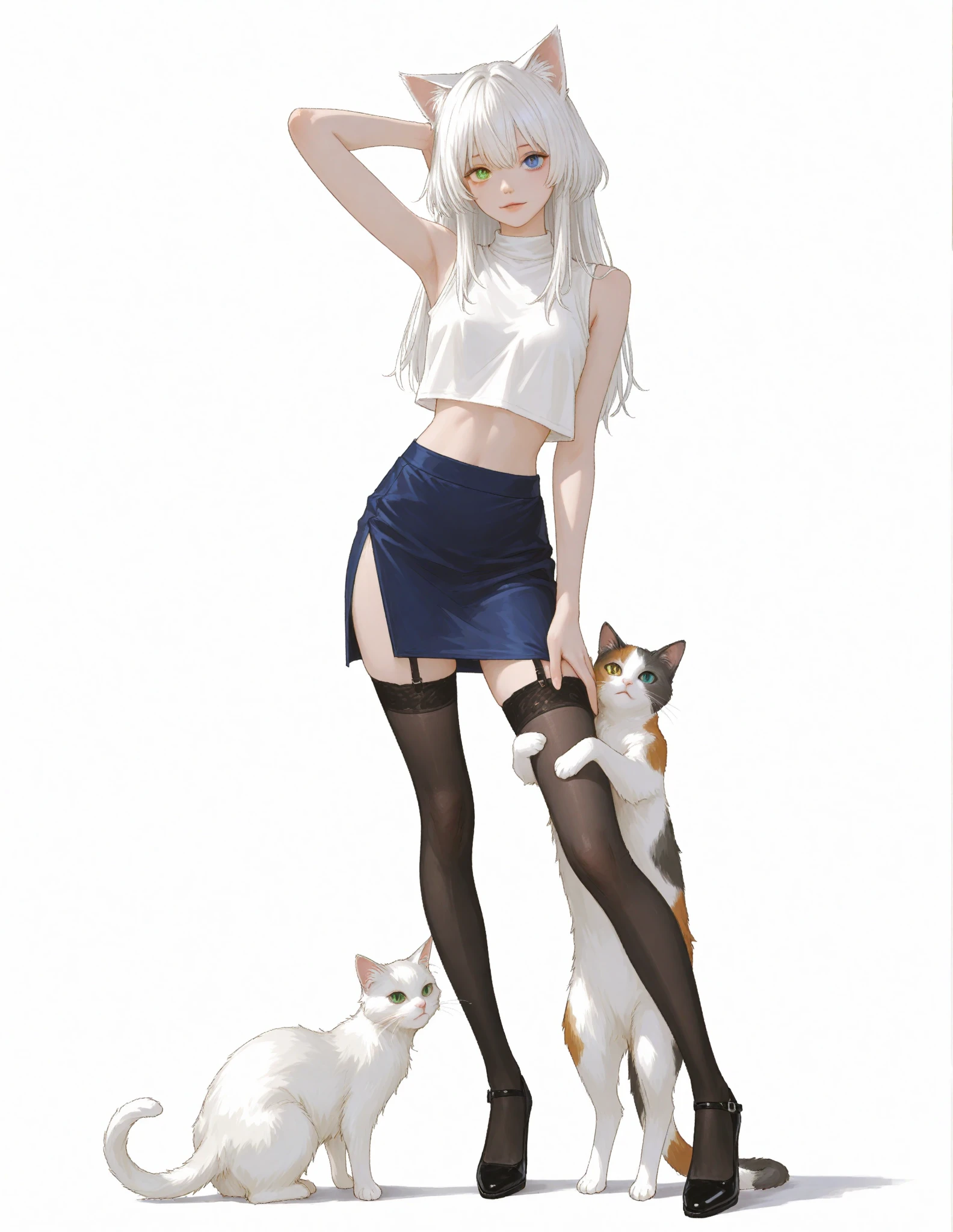 1girl, ebenya, looking at viewer, white hair, neko, cat ears, cat tail, white shirt, open clothes, russian city, ba-shiroko