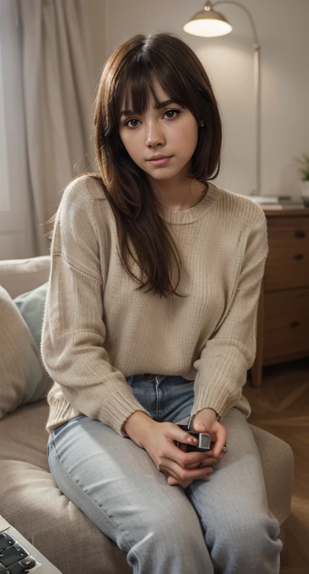 1 garota em, 19 anos, Sozinho, Cabelo longo, Colossal , olhando para o espectador, cabelo loiro, Ombros nus, olhos castanhos, joia, corpo todo, um colar, fora dos ombros, Sweaters, realista, Uma sexy