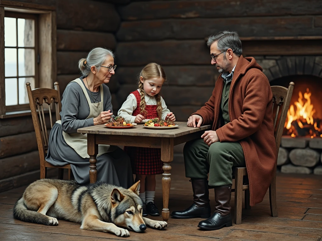 painting of a woman and two children sitting at a table with a dog, slavic folk fairytale, russian folk fairytale, traditional russia, by Nadya Rusheva, by Elina Karimova, by Serhii Vasylkivsky, by Vladimir Borovikovsky, by Nina Petrovna Valetova, illustration for children, inspired by Vladimir Borovikovsky