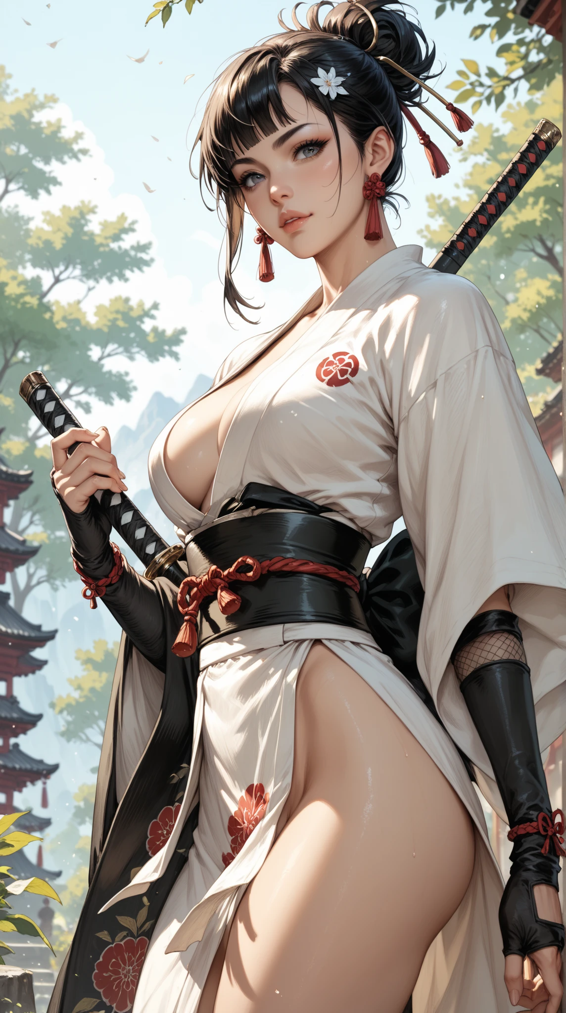 (Browsing Caution), (RAW Photos), (Realistic), (Photorealistic), Ultra-high resolution, masterpiece, Highest quality, Portraiture, facial Portraiture, Perfect lighting, Detailed lighting, Dramatic Shadows, Ray Tracing, Pure Eros Face_v1, Urzan-6500-v1.1, ((cowboy shot:1.2)), ((cleavage)), ((random sexy pose)), looking at viewer, ((wearing a samurai armor)), ((holding a Japanese sword)), ((in old Japanese street)), ((night)),