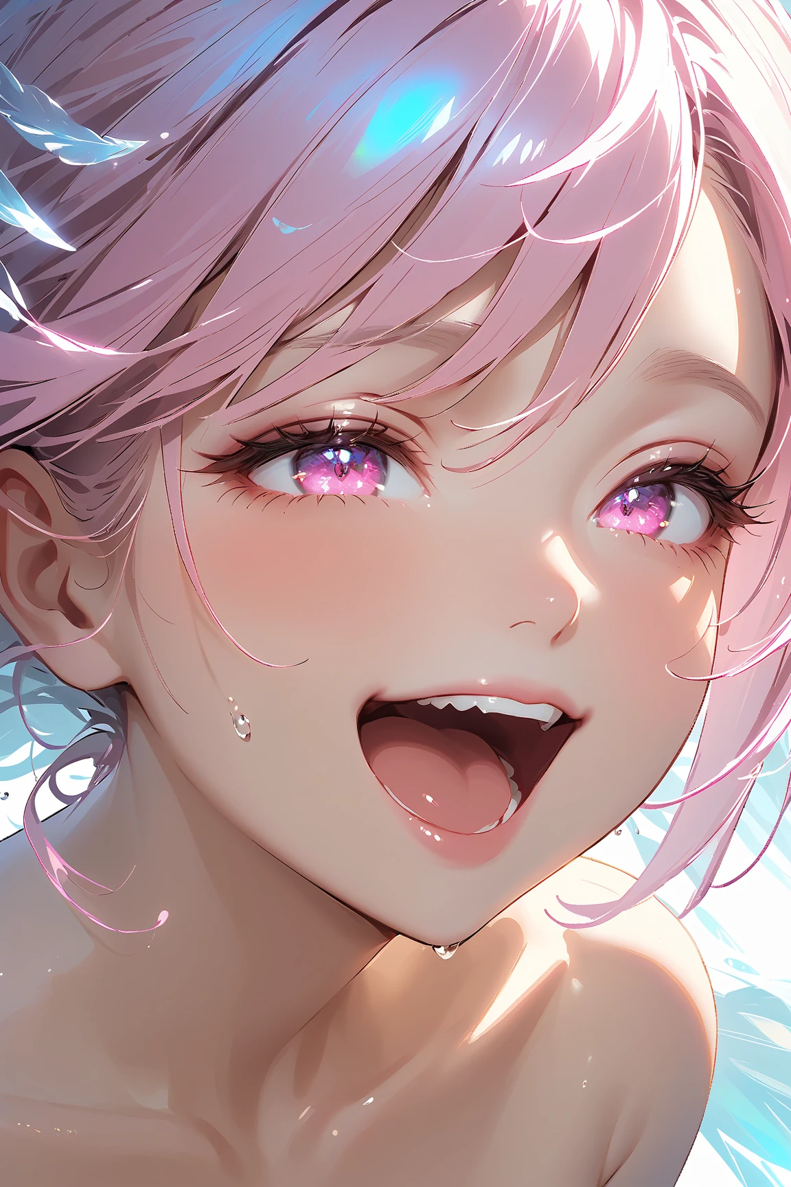 6 year old Japanese girl,Heart Eyes,Close-up naked upper body, open mouth, drool, blowjob, orgasm face, bukkake, excited face'Eyes wearing silver-white mirrored lens sunglasses、I looked at the world reflected in the lenses of my sunglasses...(Side Pony,Colorful Hair),