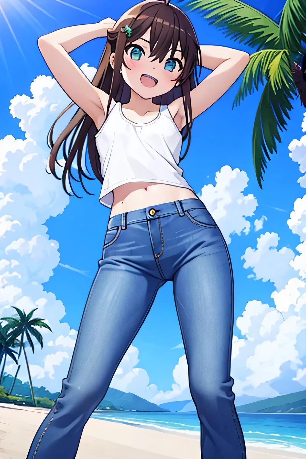 (8K、Highest quality、Highest quality、masterpiece)、Detailed face、Two Girl、(Brown Skin:1.2)、Long Hair、Blue Right Eye、Yellow Left Eye、Heterochromia、Grin、(Bikini top Only、BikiniTop、Bikini Top、Denim hot shorts、Open Shorts、Unziped shorts、Mini Shorts、No Panties、NoPanties、Suggestive pose、Spread pussy、From Below、heart cutout)、labia view、Beach、cloud、vagina、Pussy Lip、Wedgie between Pussy Lips、Big Breasts、