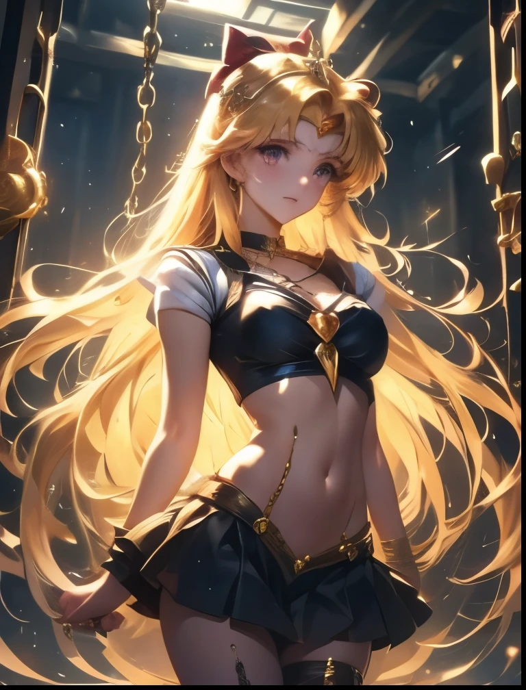 (((SFW、Highest quality、 first class masterpiece 、 normal body of a real person 、8k、 detailed face 、super precise、 real color 、5refer to、Highest)))、Sailor Venus、『sailorMoon』、sailor warrior、 Gold、long hair、Magical Girl、pretty girl、 can be used、Oshitoyaka、masochist、 Navel Exposure 、Beautiful breasts、Chest Valley、 golden tiara、Black ribbon on the chest 、slender、 slim、High-leg ultra-thin umbilical skin transparent chain slingshot、Panchira super miniskirt、Embarrassing Poses 、Humiliation Pose、Fall into Darkness、big pink heart tattoo on navel、big heart dirty tattoo on chest、pink heart tattoo on the body、big heart patch on the nipple、dark light、evil magic particle、Lightning of Darkness、Hypnosis、Hypnotic、Brainwashing Machine、full body chain bondage 、Eyes that shine in a heart pattern、hollow eyes、slave iron collar with chain lead、metal first round、Submissive Female Slave、Brain washing is complete、embarrassed blush、ChainBondage、A lot of chains、Trembling violently and panting、bliss、mouth wide、stick out your tongue、 salivate、ahe face、In heat、Be lustful、crying face、Ecstatic face、Handheld Chain、Chain iron handcuffs、Fluctuating Darkness、Obedience、loyalty、white breath、Lovely chain、Chain all over the body、Slave Chains