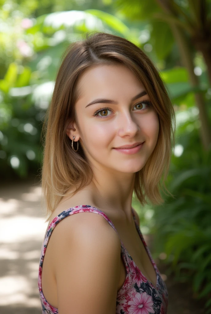 y3nc3, Ultra-HD-details, nature, outdoor, upper body, Flowering, spring, breast, close portrait photo, smile, intricate, Turtleneck color, color dress, Shirt, Turtleneck