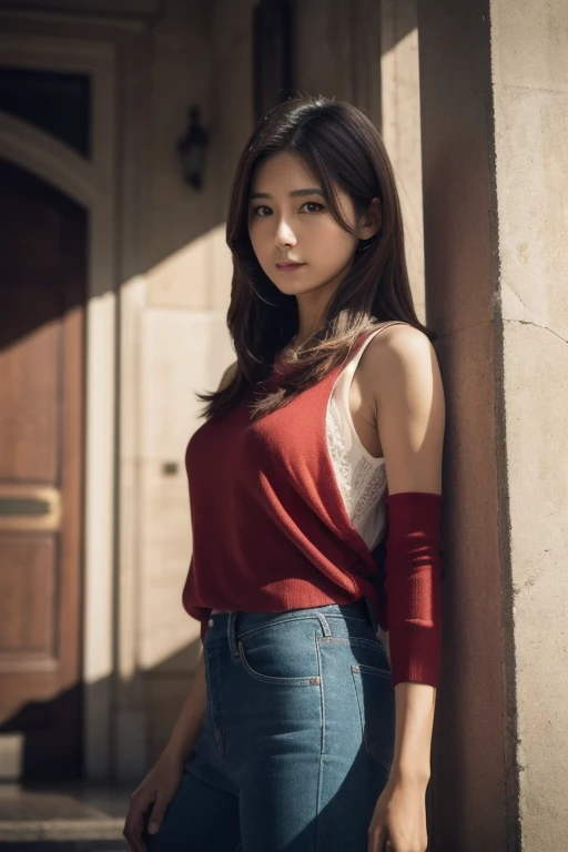 25-year-old Caucasian woman、Hair color is brunette、blue eyes、long hair、my hair is wavy、hair up style、smile、Slender but well-proportioned feminine body、wearing red nail polish、wearing a camisole、I&#39;m wearing a mini-length pleated skirt、Wearing accessories on your wrist、wearing a chain necklace、arms crossed、Standing proudly in the middle of an alley in the old city