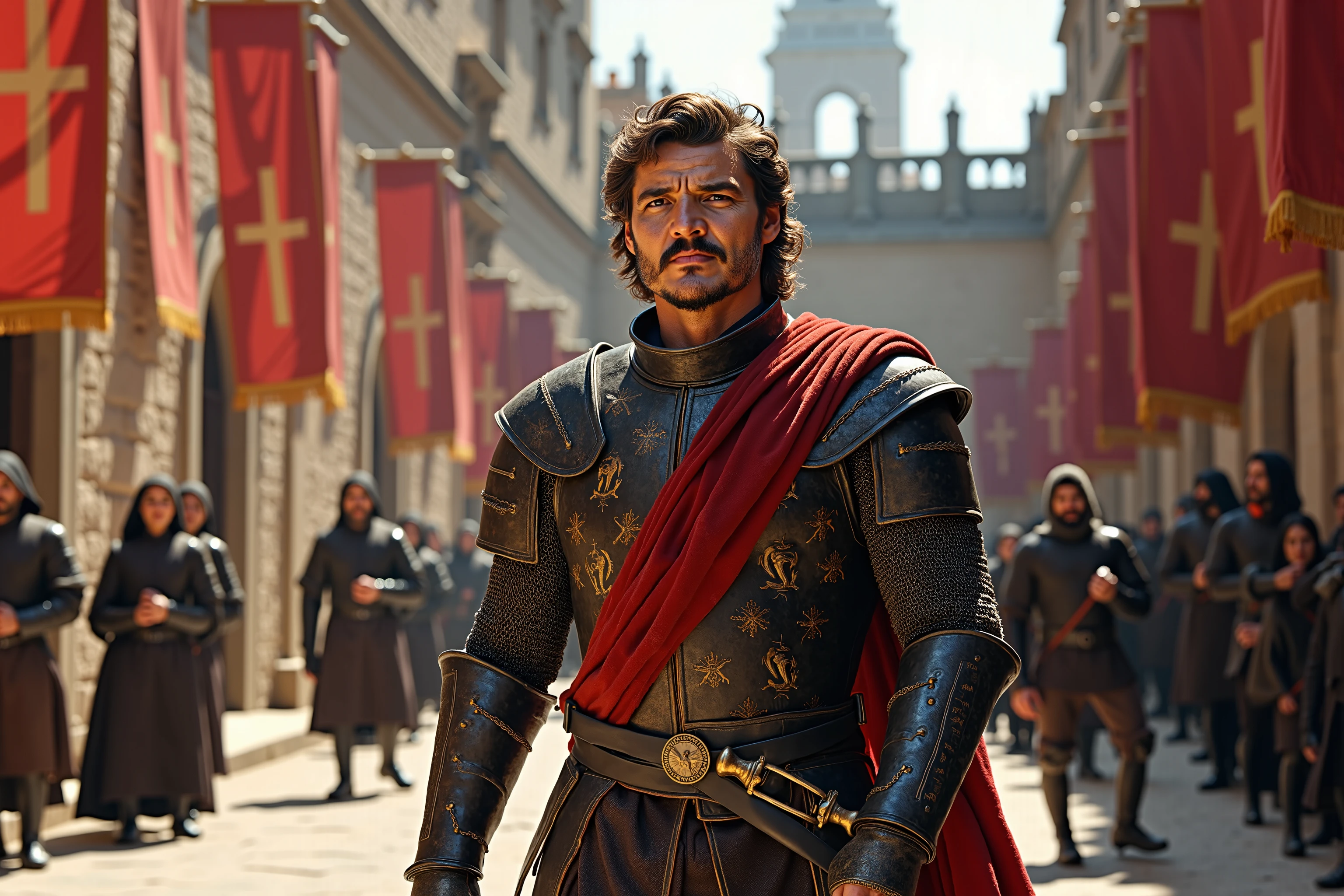 Pedro Pascal reimagined as a proud and battle-hardened conquistador of the Spanish Empire, walking through a sacred stone courtyard near El Escorial Monastery, dramatic atmosphere, 1 male,
Fierce brown eyes with a burning sense of faith, tanned rugged skin, thick beard trimmed with discipline, and windswept wavy dark brown hair.
He wears a weathered cuirass of burnished steel engraved with Catholic crosses and Castilian lions. Over his shoulders flows a blood-red velvet sash fastened with a bronze medallion of Saint James. His arms are protected by chainmail and bronze bracers, while a black leather belt holds a long Spanish rapier with a crucifix-shaped hilt and gold inlay. His dark trousers are tucked into tall, weather-stained leather boots fastened with brass buckles.
In his hand, he holds a battle-worn steel sword, its blade etched with Latin scripture and chipped from conquest. His posture is unshaken — a warrior of divine purpose and imperial will.
, shows his male character’s full figure, athletic body, perfect face, full body, extremely handsome, Spanish warrior, male shape, perfect anatomy, imperial soldier, knight of faith, sacred intensity,
The background showcases the stone courtyard of El Escorial bathed in golden afternoon light. Towering arches cast long shadows, while red and gold banners bearing the Cross of Burgundy flutter in the wind. Monks pass in silent prayer, and rows of armored soldiers kneel before a towering crucifix, awaiting orders. Incense smoke curls in the breeze as cathedral bells echo in the distance.
, photorealistic, masterpiece, realistic, high contrast, 8k, HD, high definition detailed, detailed, hyper detailed, realistic skin texture, best quality, ultra high resolution, hyper realistic, no text, very detailed eyes, dramatic lighting
