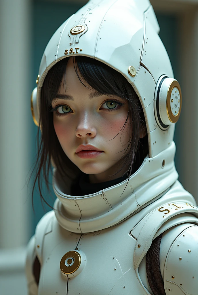(by Adam Martinakis ,Ellen Jewett ) 1girl reflections on helmet spacesuit Emphasize eerie atmosphere, high contrast, and interplay of shadow and light. Include colorful, gothic horror photo , zwuul <lora:zwuul-sdxl:1>