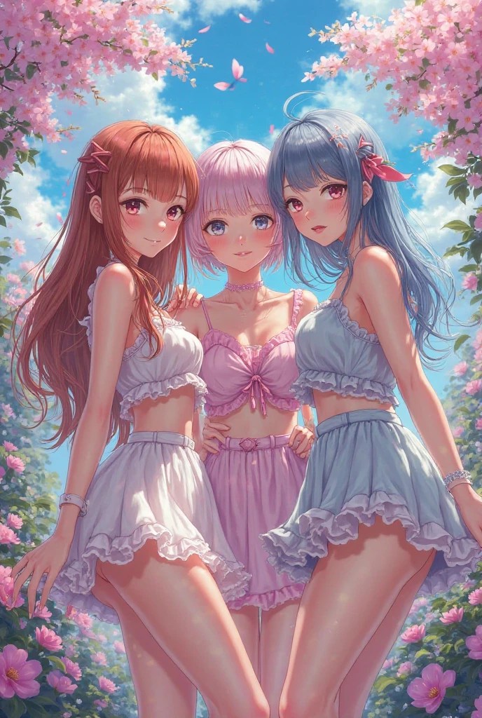 Very detailed, highest quality, High resolution, Moe Anime, ((4 cute girls)), (Black Hair:1.4), Blue Eyes, Sparkle in the eyes, Big eyes, tareme, View your viewers, Pale skin, Focus on the face, In the park with cherry blossoms falling, ((The upper half of the body is a see-through camisole, and the lower half is naked.)), ((nsfw)), ((Very short hairstyle:1.4)), (Slightly below:1.2), (arms behind back:1.4), ((Flat Chest:1.4))