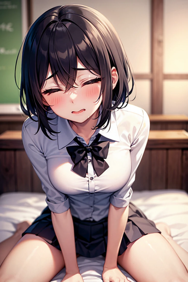 a young 7  girl in a japanese , lustful evil smile, black messy short hair, psychotic eyes, tongue out in an ahegao expression, fluttering skirt showing white panties, in a classroom setting,